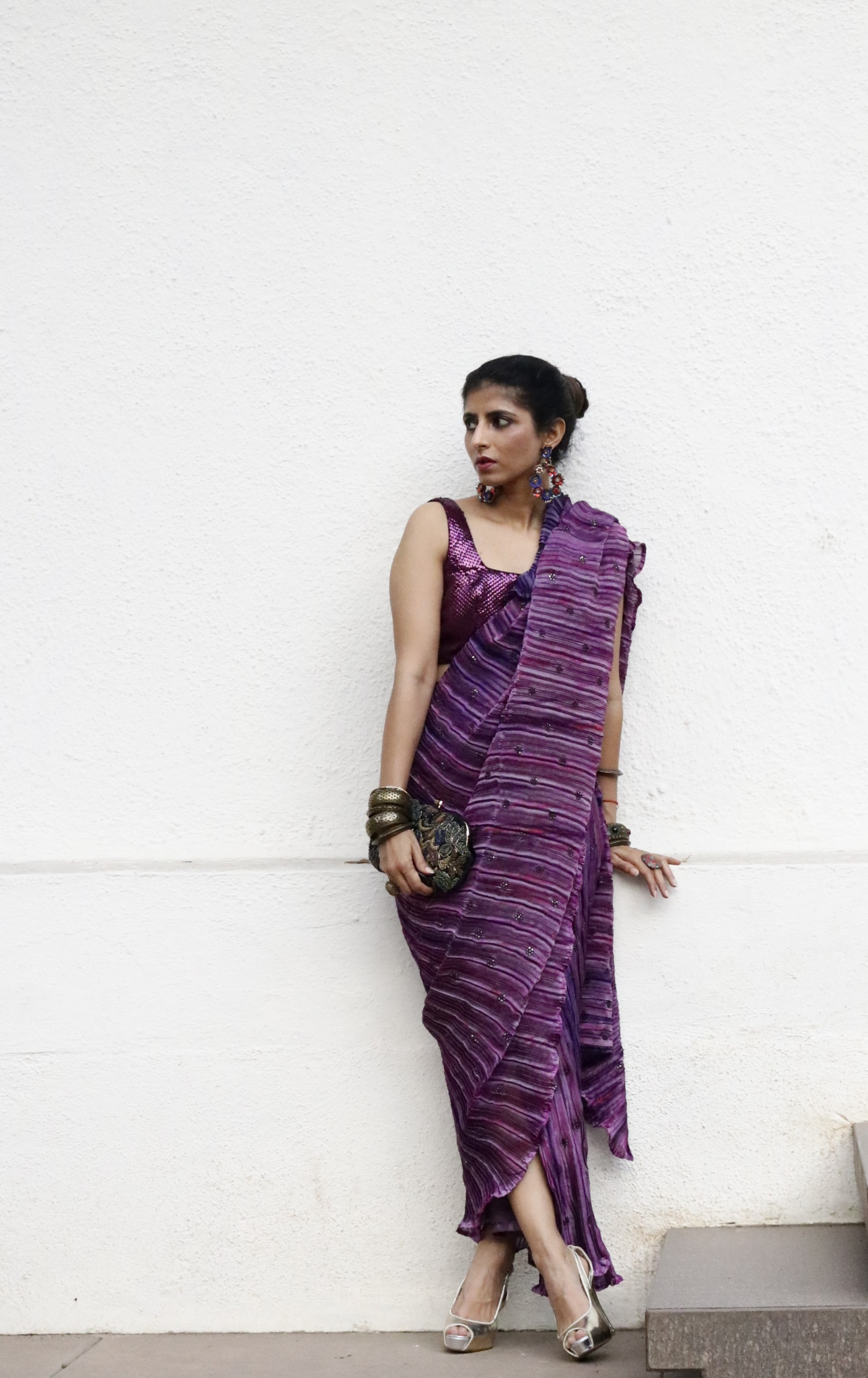 'Purple Plum' Ready To Wear Draped Saree Skirt : Fun Modern Micropleated Quick Draped Saree