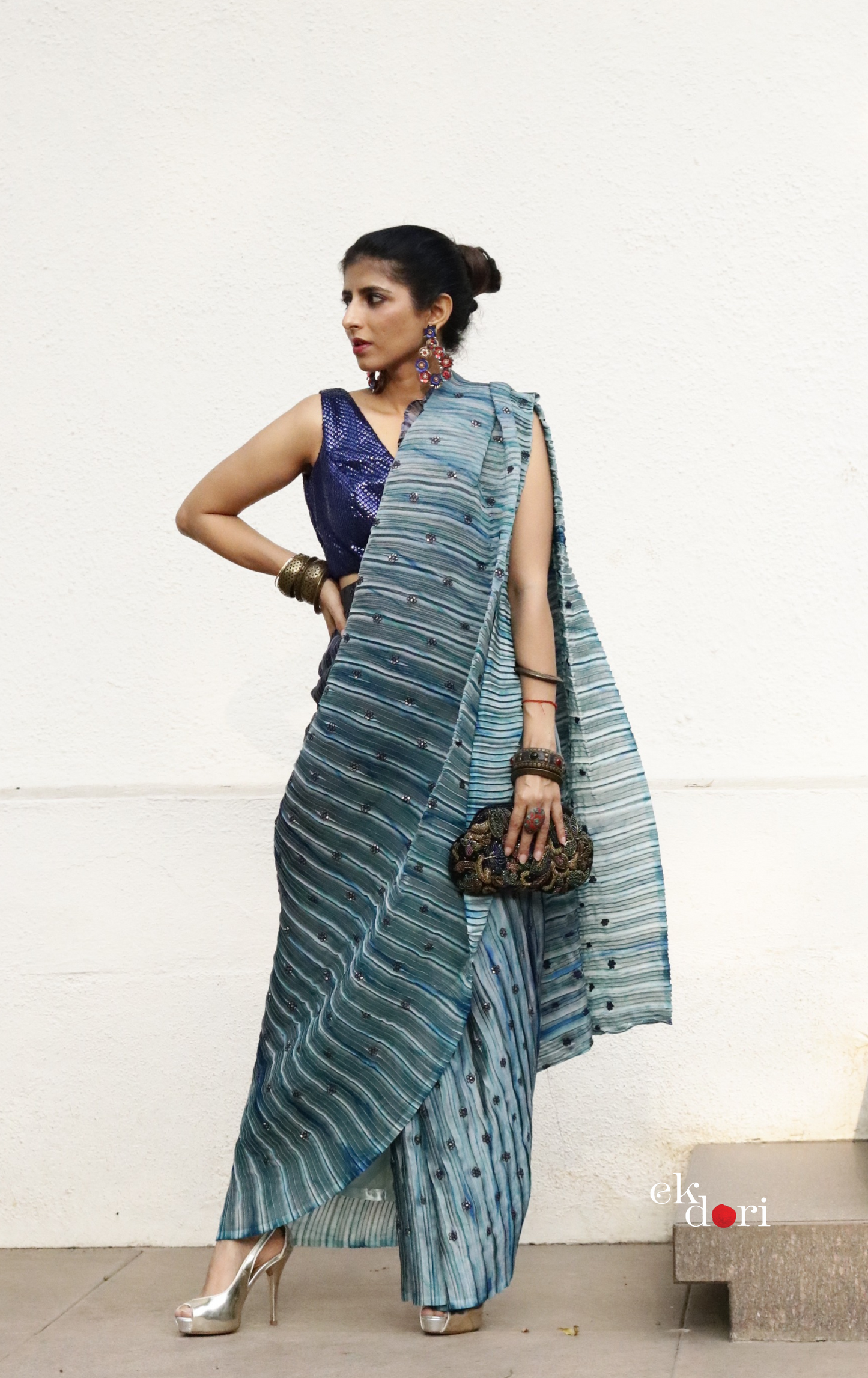 'Deep Ocean' Ready To Wear Draped Saree Skirt : Fun Modern Micropleated Quick Draped Saree
