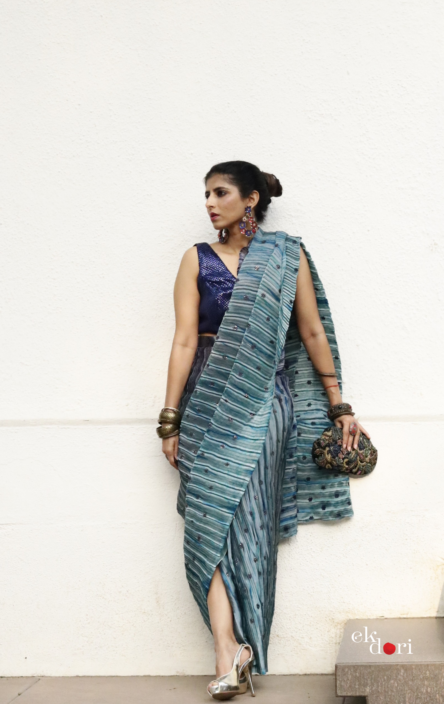'Deep Ocean' Ready To Wear Draped Saree Skirt : Fun Modern Micropleated Quick Draped Saree