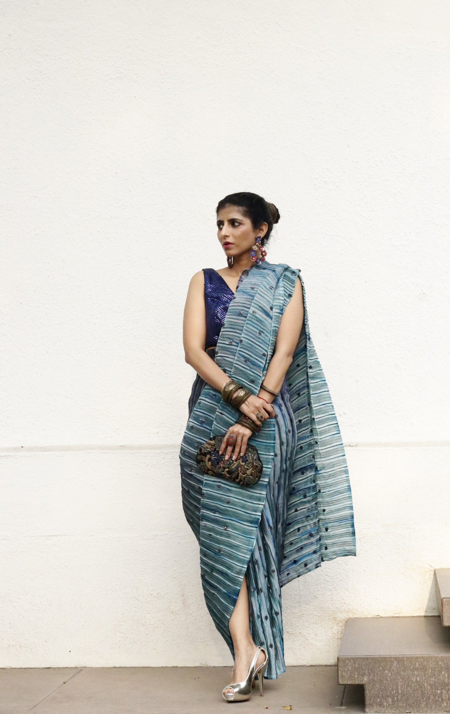 'Deep Ocean' Ready To Wear Draped Saree Skirt : Fun Modern Micropleated Quick Draped Saree