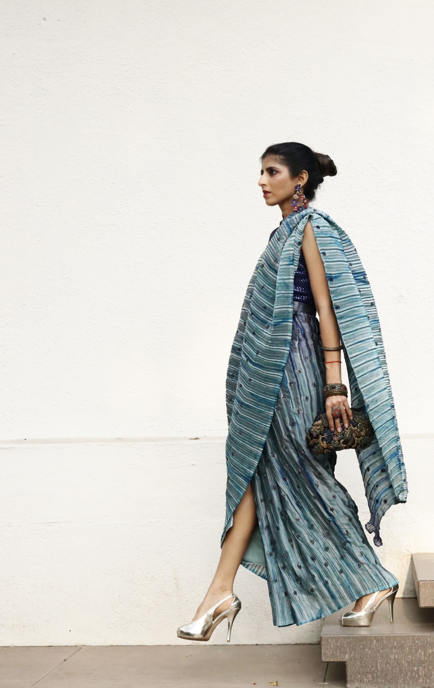 'Deep Ocean' Ready To Wear Draped Saree Skirt : Fun Modern Micropleated Quick Draped Saree