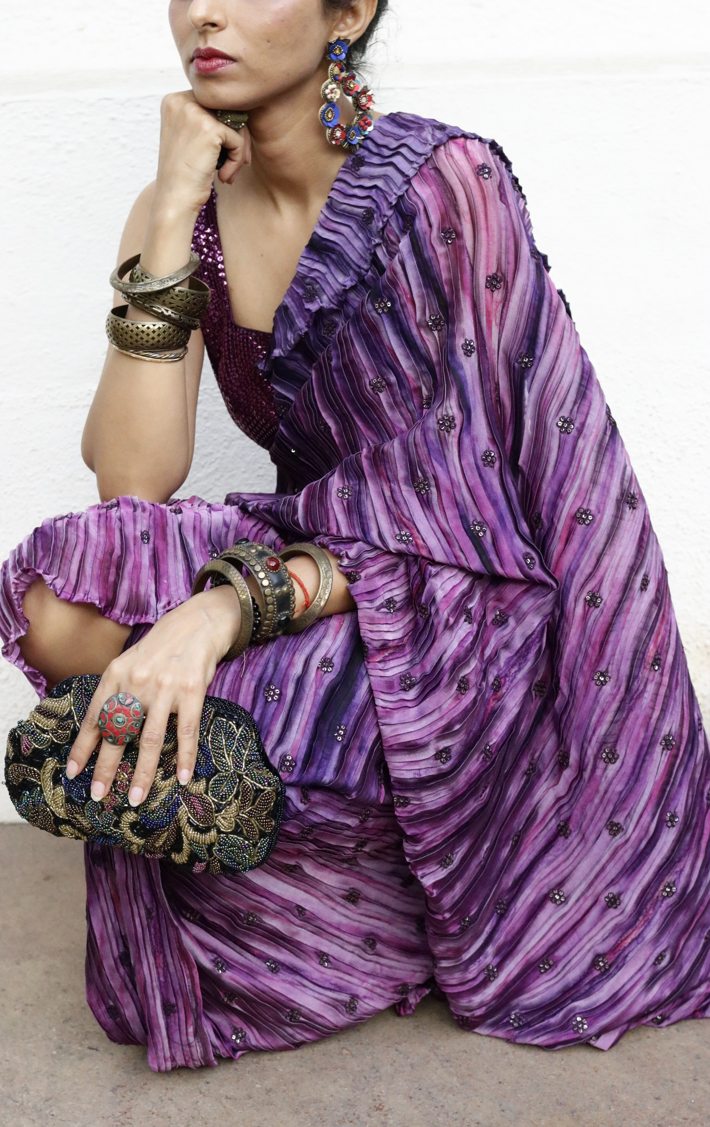 'Purple Plum' Ready To Wear Draped Saree Skirt : Fun Modern Micropleated Quick Draped Saree