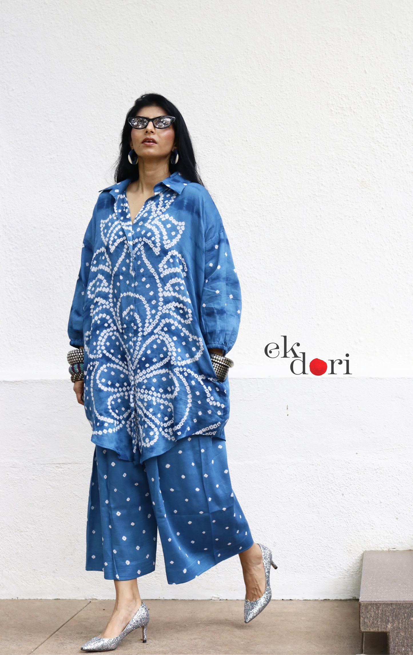 Bandhani 'Blue Waves' Blue Cotton Co-ord Set : Buy Kurta Palazzo Cotton Co-ord Set Cotton Bandhani And Shibori Set