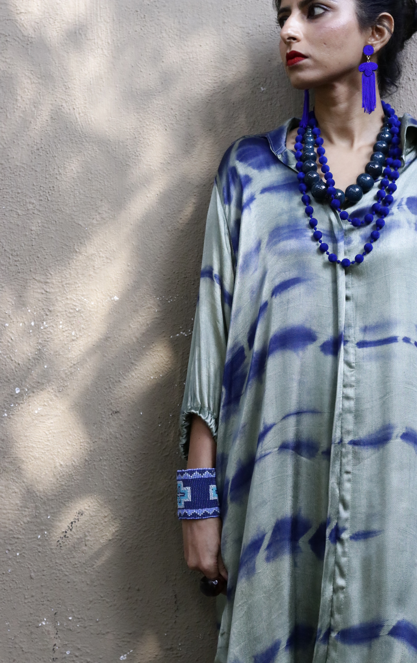 Tie & Dye Shibori 'Moss Garden' Blue Green Mashru Co-ord Set : Buy Kurta Palazzo Mushru Co-ord Set