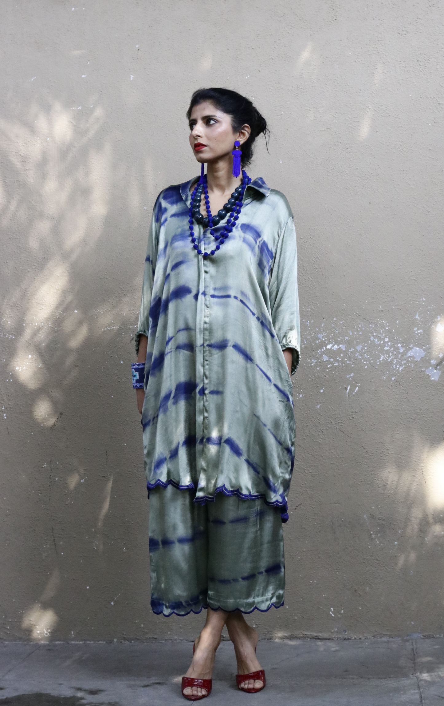 Tie & Dye Shibori 'Moss Garden' Blue Green Mashru Co-ord Set : Buy Kurta Palazzo Mushru Co-ord Set