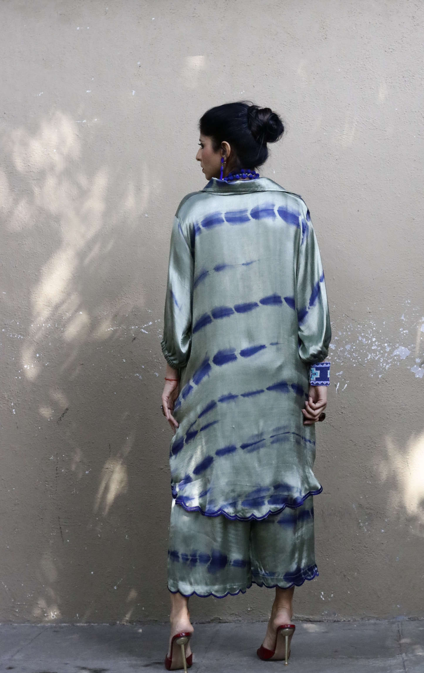 Tie & Dye Shibori 'Moss Garden' Blue Green Mashru Co-ord Set : Buy Kurta Palazzo Mushru Co-ord Set