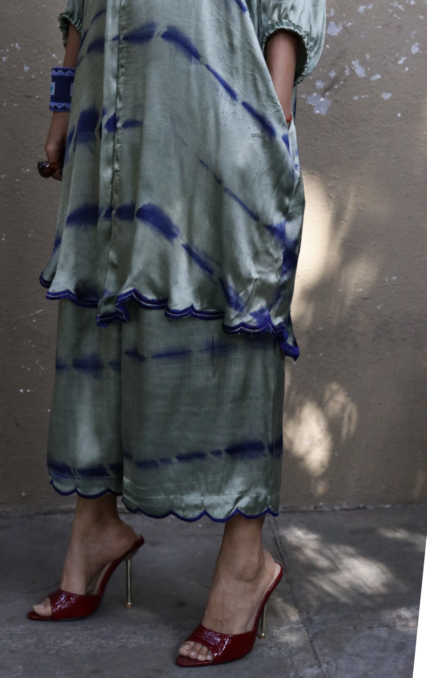 Tie & Dye Shibori 'Moss Garden' Blue Green Mashru Co-ord Set : Buy Kurta Palazzo Mushru Co-ord Set