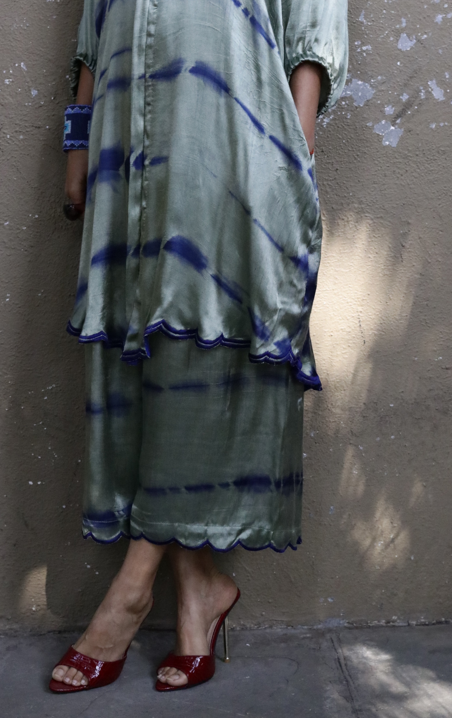 Tie & Dye Shibori 'Moss Garden' Blue Green Mashru Co-ord Set : Buy Kurta Palazzo Mushru Co-ord Set