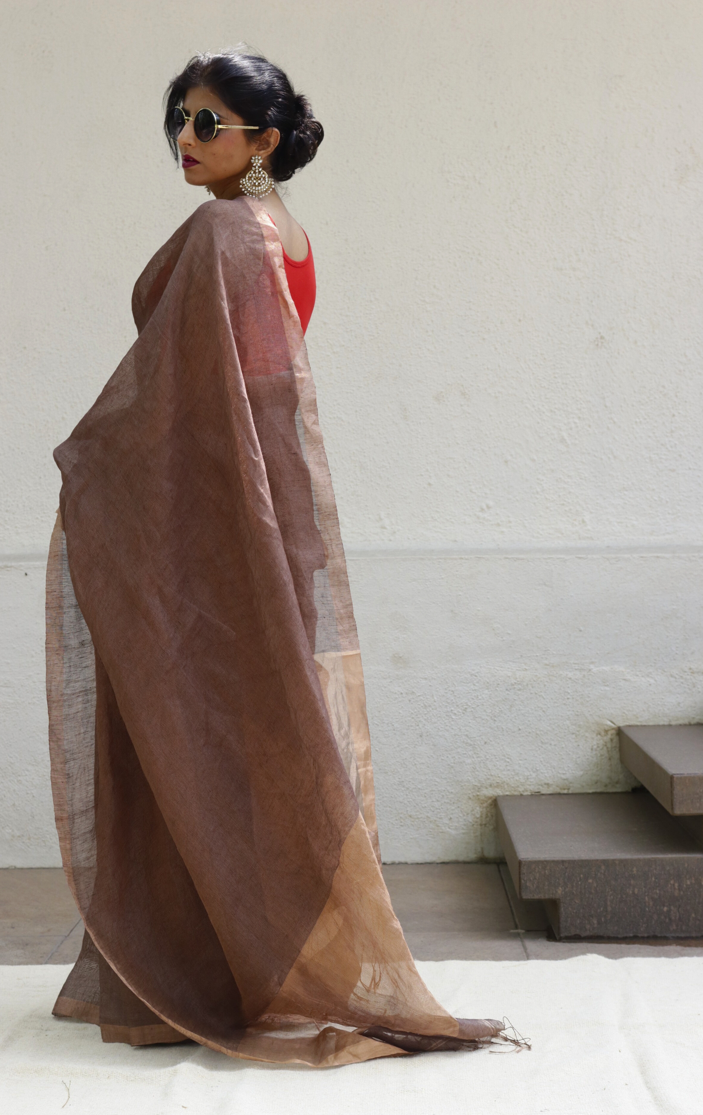 Buy Silk Linen 'Bronze Age' Bronze Gold Metallic Sari : Gold Silk Linen Summer Saree