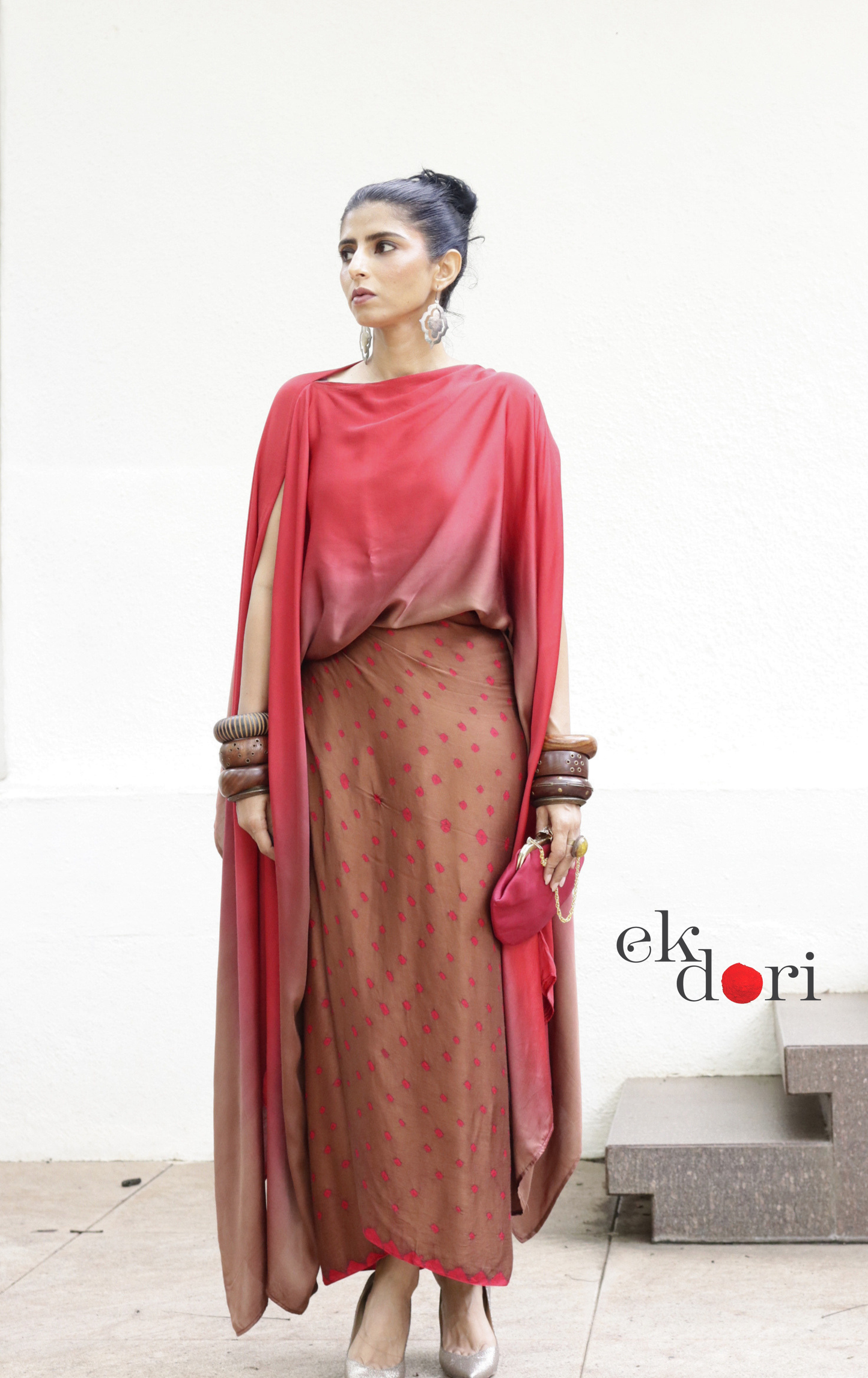 Bandhani Modal Co-ord Skirt Set 'Wood Fire' : 2 Piece Skirt Top Co-ord Set