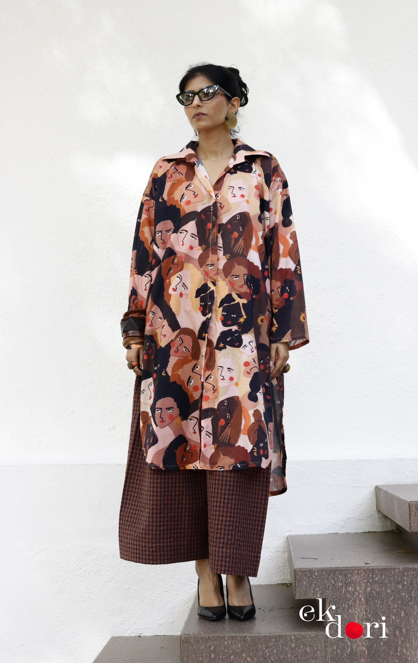 Cotton Blend Kurta Co-Ord Set 'Making Faces' : Buy Palazzo Pant Kurta Cotton Co-ord Set In Quirky Fun Print