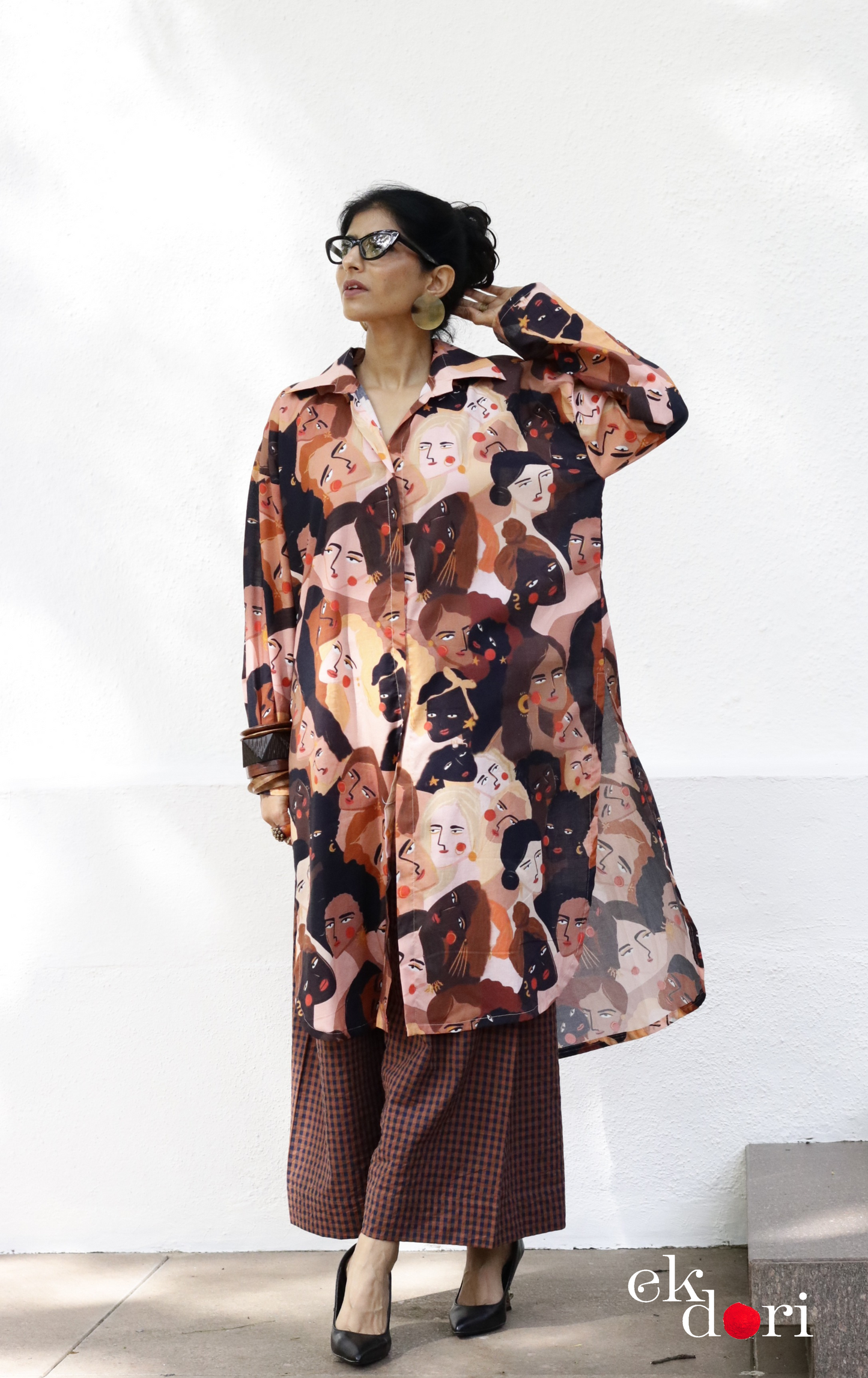 Cotton Blend Kurta Co-Ord Set 'Making Faces' : Buy Palazzo Pant Kurta Cotton Co-ord Set In Quirky Fun Print