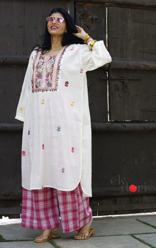 Cotton Embroidered Kurta Co-ord Set 'Pink Lily' : Buy Bullion Embroidery Cotton Co-ord Kurts Sets For Summer