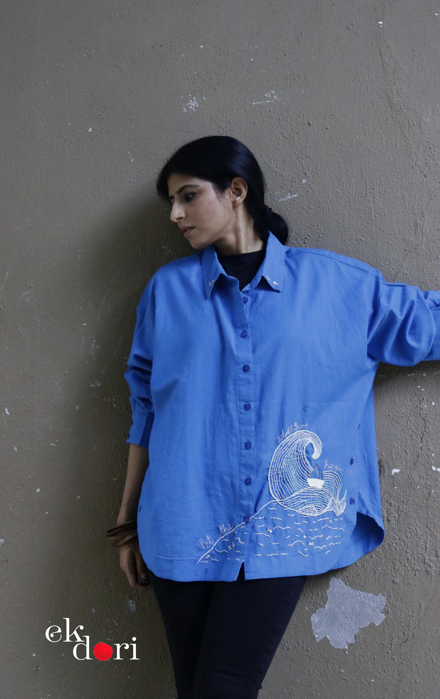 Cotton Hand Embroidered Shirt : 'Adventure At Sea' Cotton Shirt For Women : The Doodle Collection