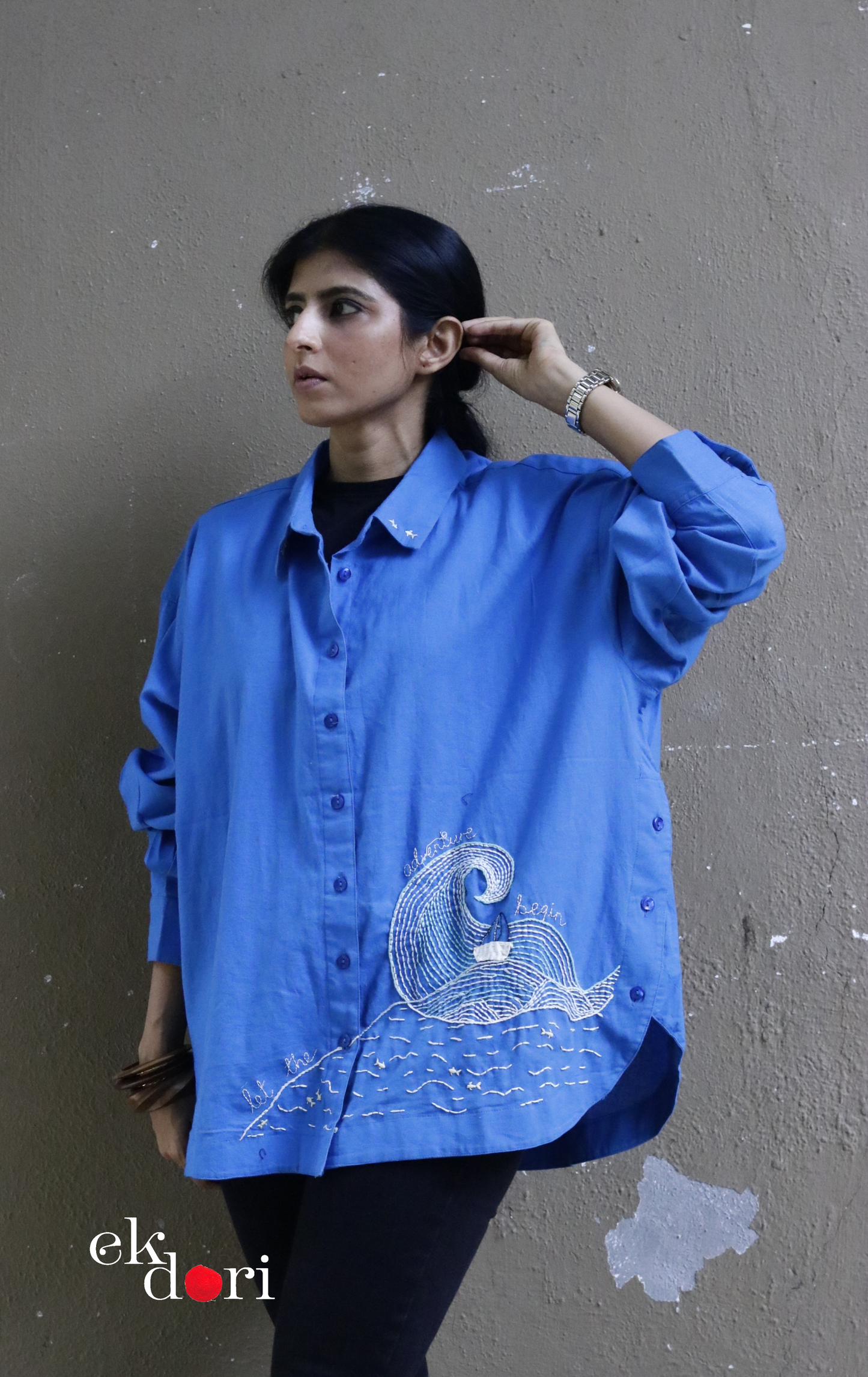 Cotton Hand Embroidered Shirt : 'Adventure At Sea' Cotton Shirt For Women : The Doodle Collection