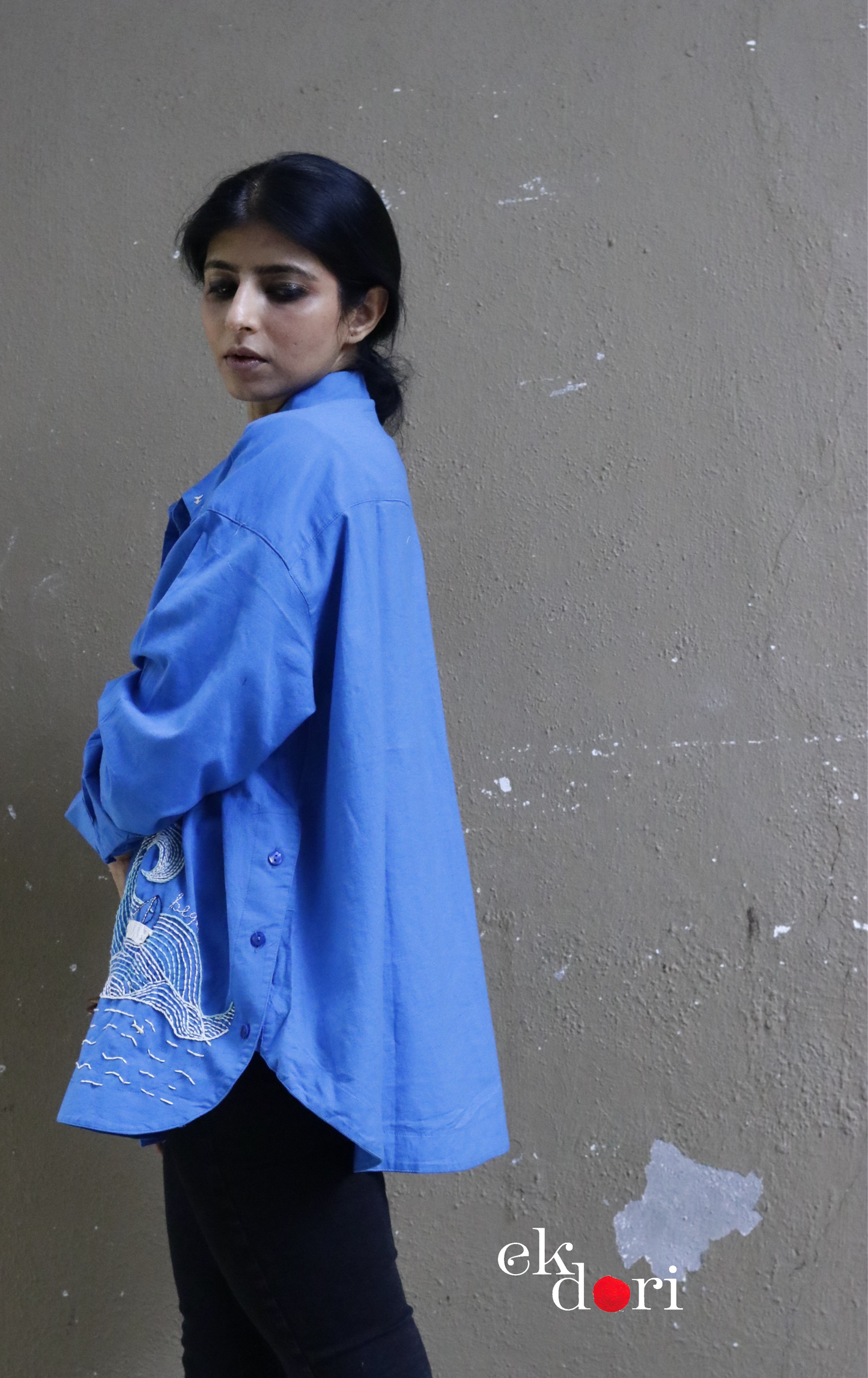 Cotton Hand Embroidered Shirt : 'Adventure At Sea' Cotton Shirt For Women : The Doodle Collection