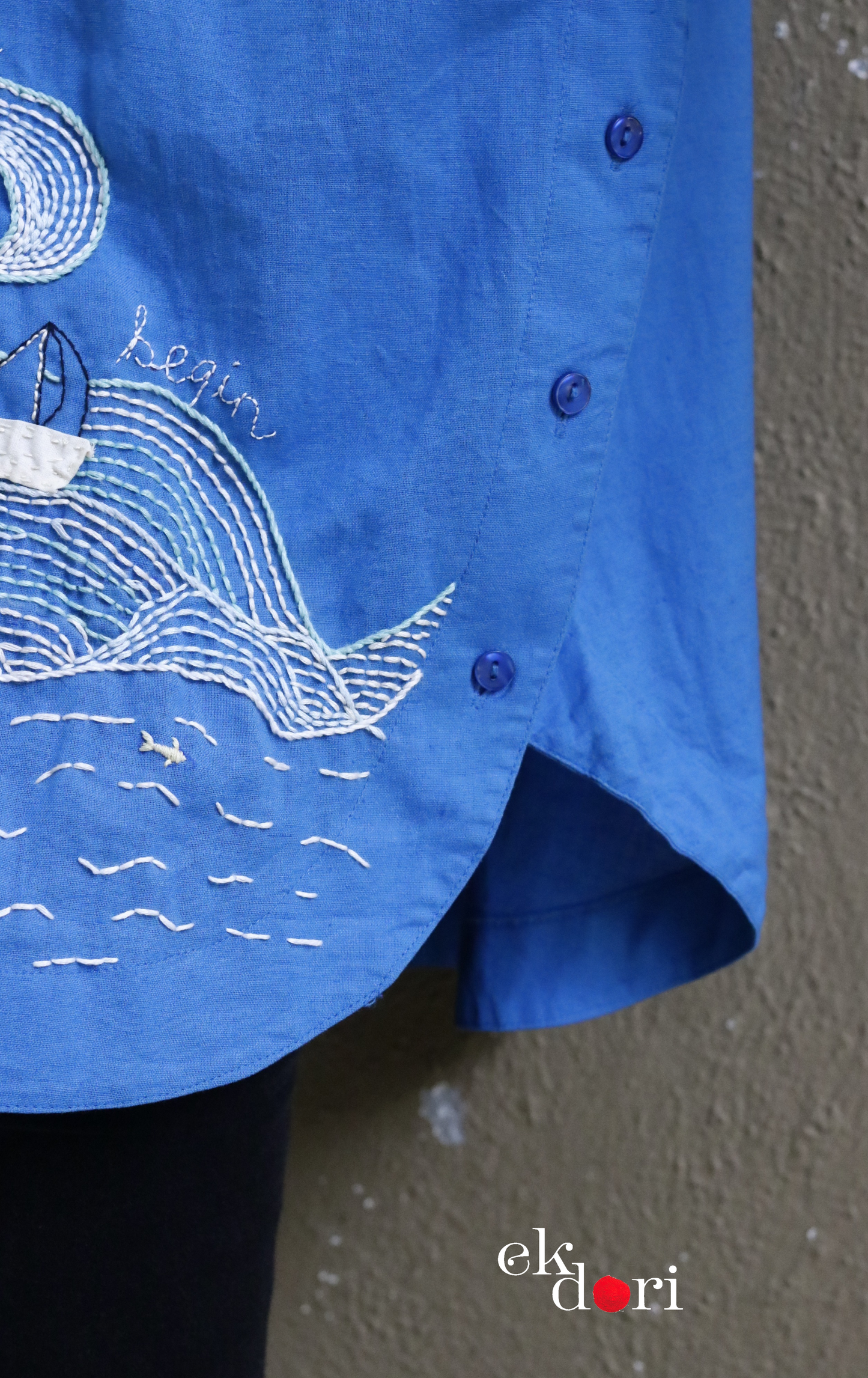 Cotton Hand Embroidered Shirt : 'Adventure At Sea' Cotton Shirt For Women : The Doodle Collection