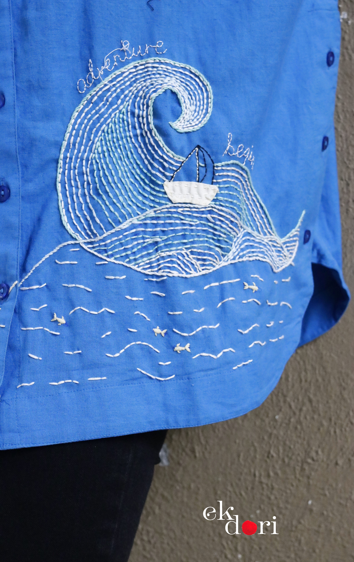 Cotton Hand Embroidered Shirt : 'Adventure At Sea' Cotton Shirt For Women : The Doodle Collection