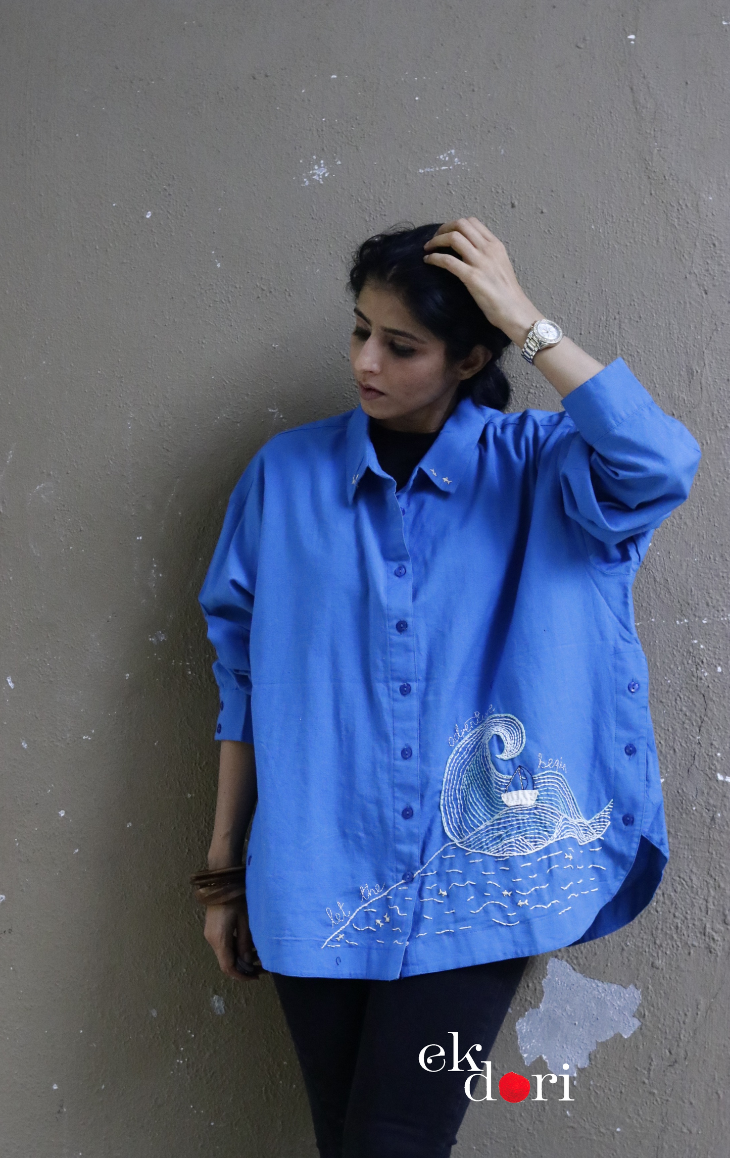 Cotton Hand Embroidered Shirt : 'Adventure At Sea' Cotton Shirt For Women : The Doodle Collection