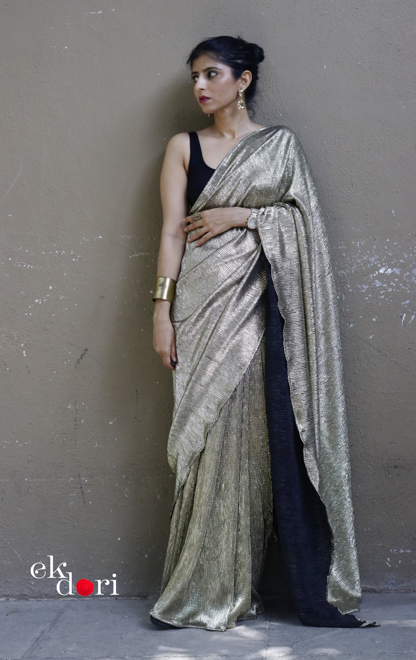 Golden Black Evening Cocktail Saree 'Dipped In Gold' : Micro Pleated Designer Gold Saree : Metallic Gold Cocktail Saree