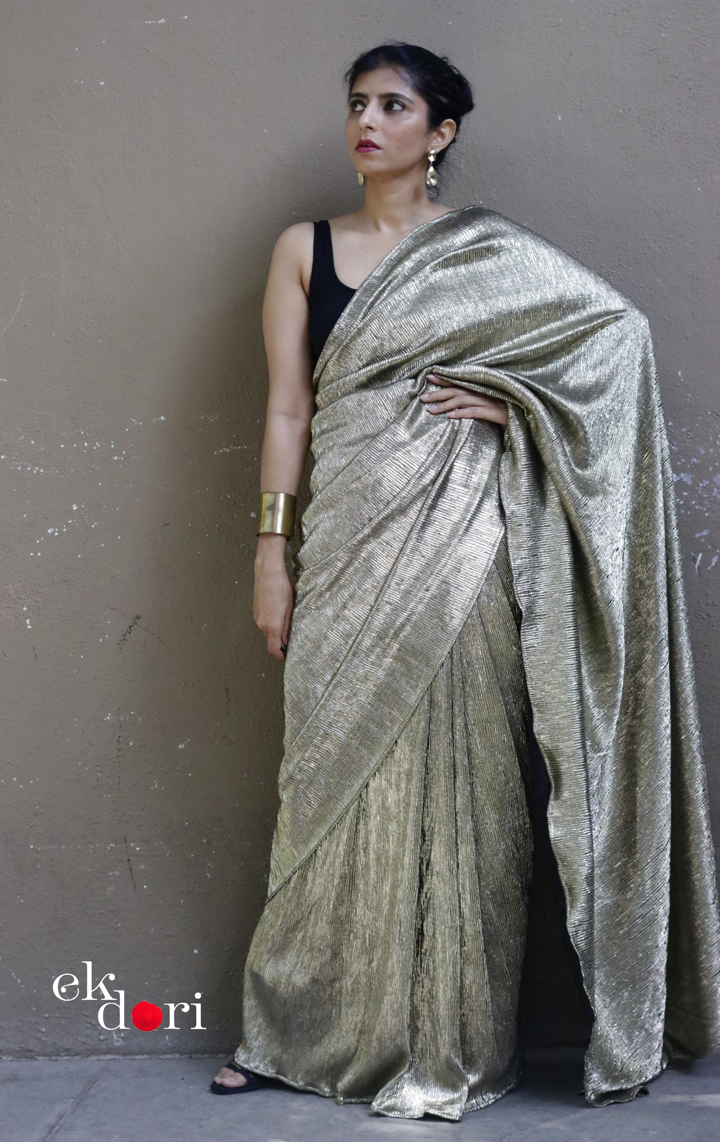 Golden Black Evening Cocktail Saree 'Dipped In Gold' : Micro Pleated Designer Gold Saree : Metallic Gold Cocktail Saree