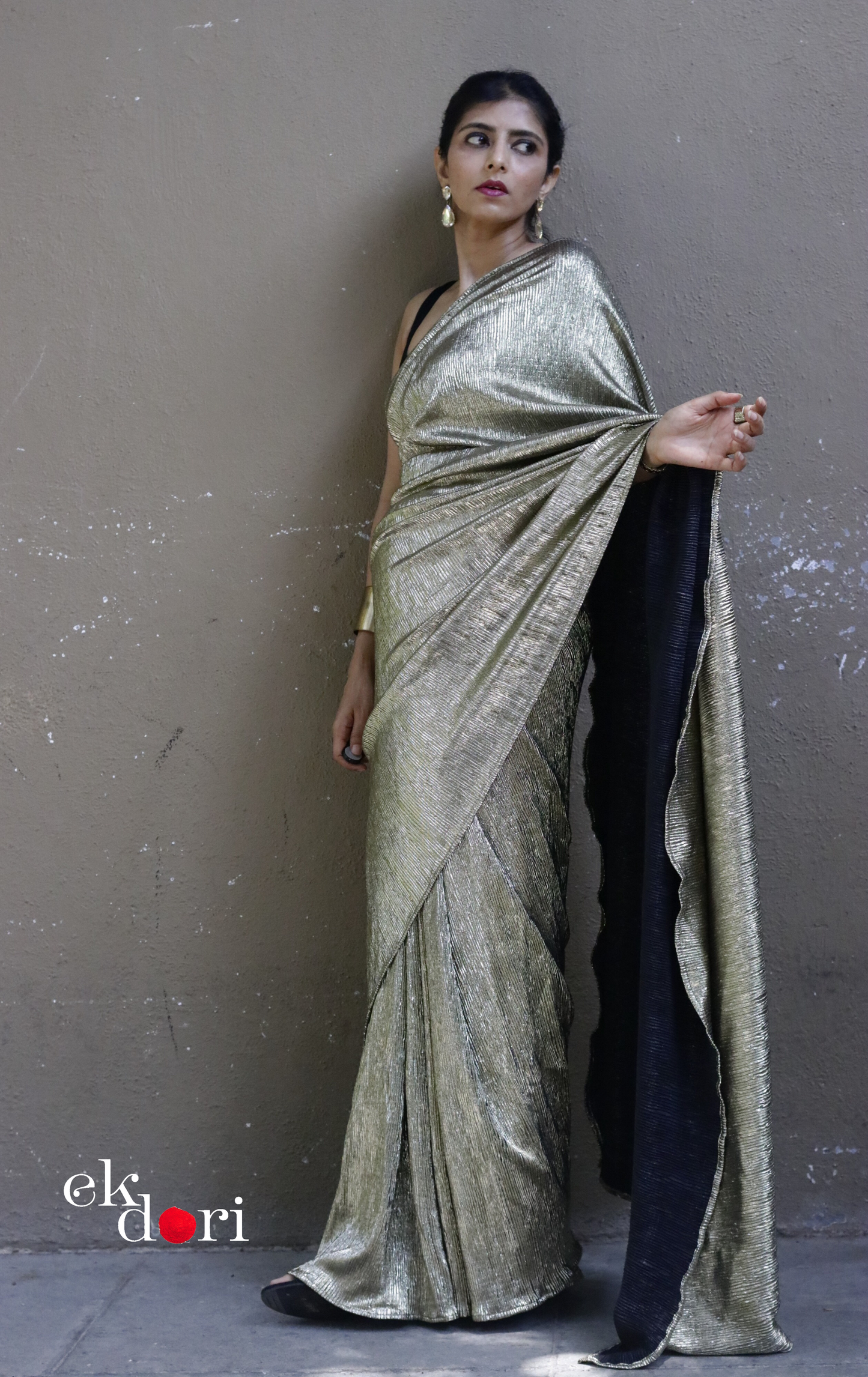 Golden Black Evening Cocktail Saree 'Dipped In Gold' : Micro Pleated Designer Gold Saree : Metallic Gold Cocktail Saree