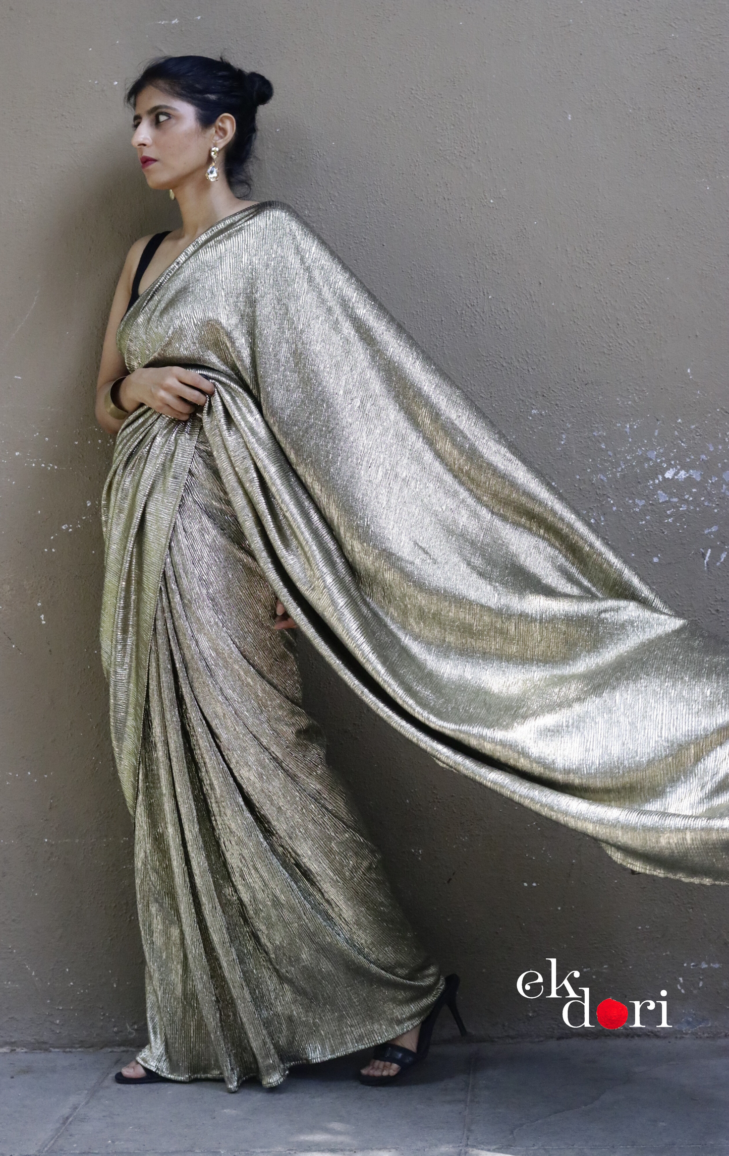 Golden Black Evening Cocktail Saree 'Dipped In Gold' : Micro Pleated Designer Gold Saree : Metallic Gold Cocktail Saree