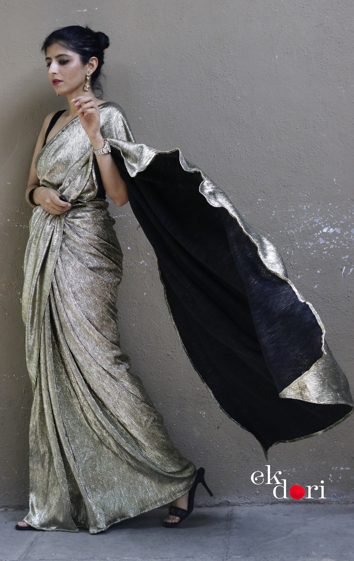 Golden Black Evening Cocktail Saree 'Dipped In Gold' : Micro Pleated Designer Gold Saree : Metallic Gold Cocktail Saree