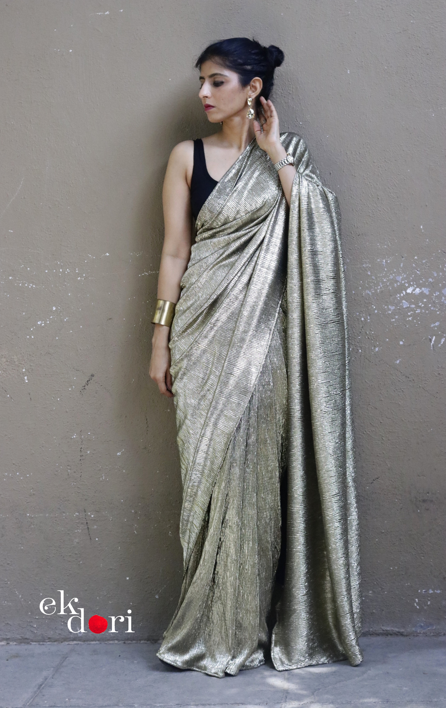 Golden Black Evening Cocktail Saree 'Dipped In Gold' : Micro Pleated Designer Gold Saree : Metallic Gold Cocktail Saree
