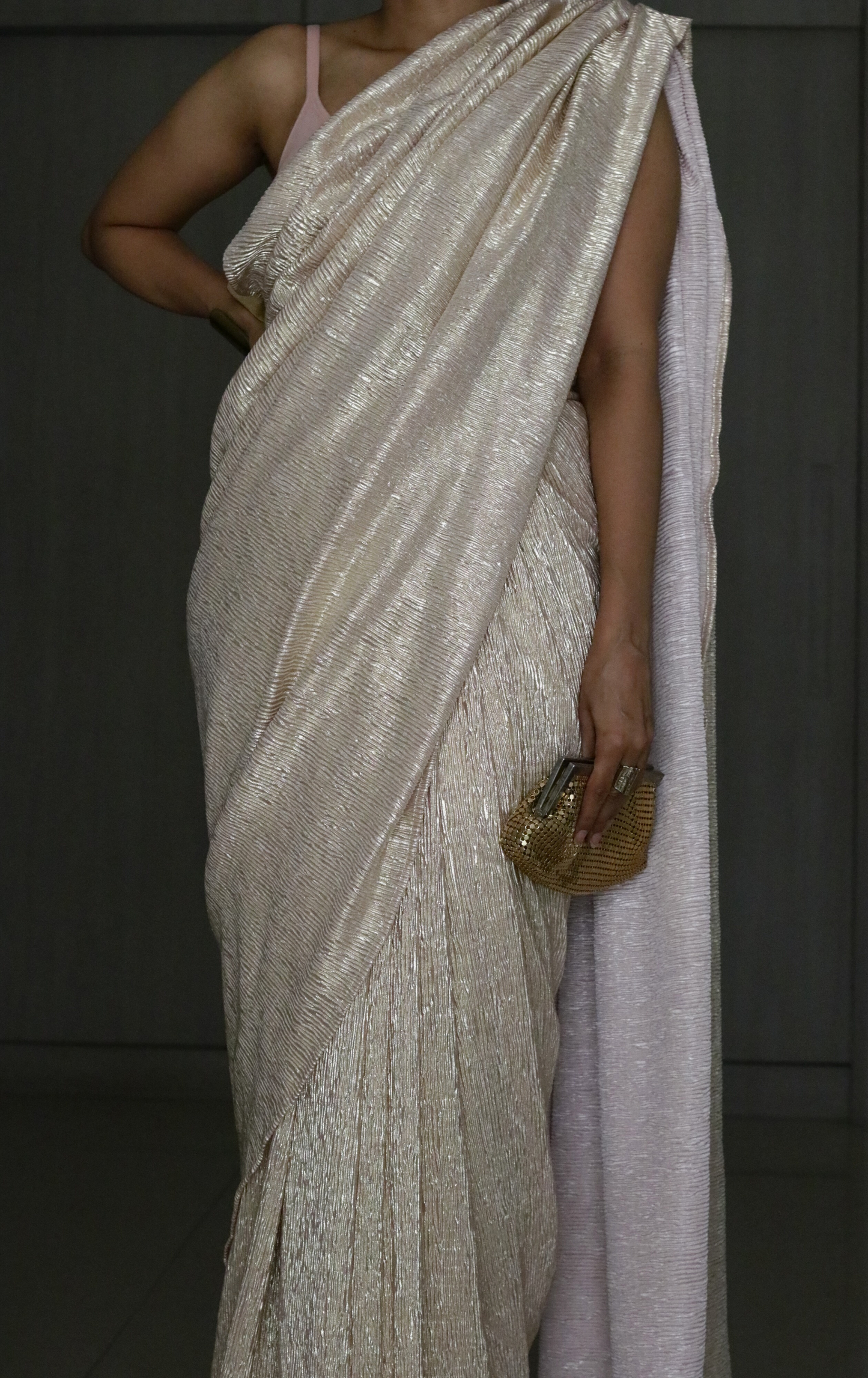 Golden Pink Evening Cocktail Saree 'Gold Garden' : Micro Pleated Designer Gold Saree : Metallic Gold Cocktail Saree