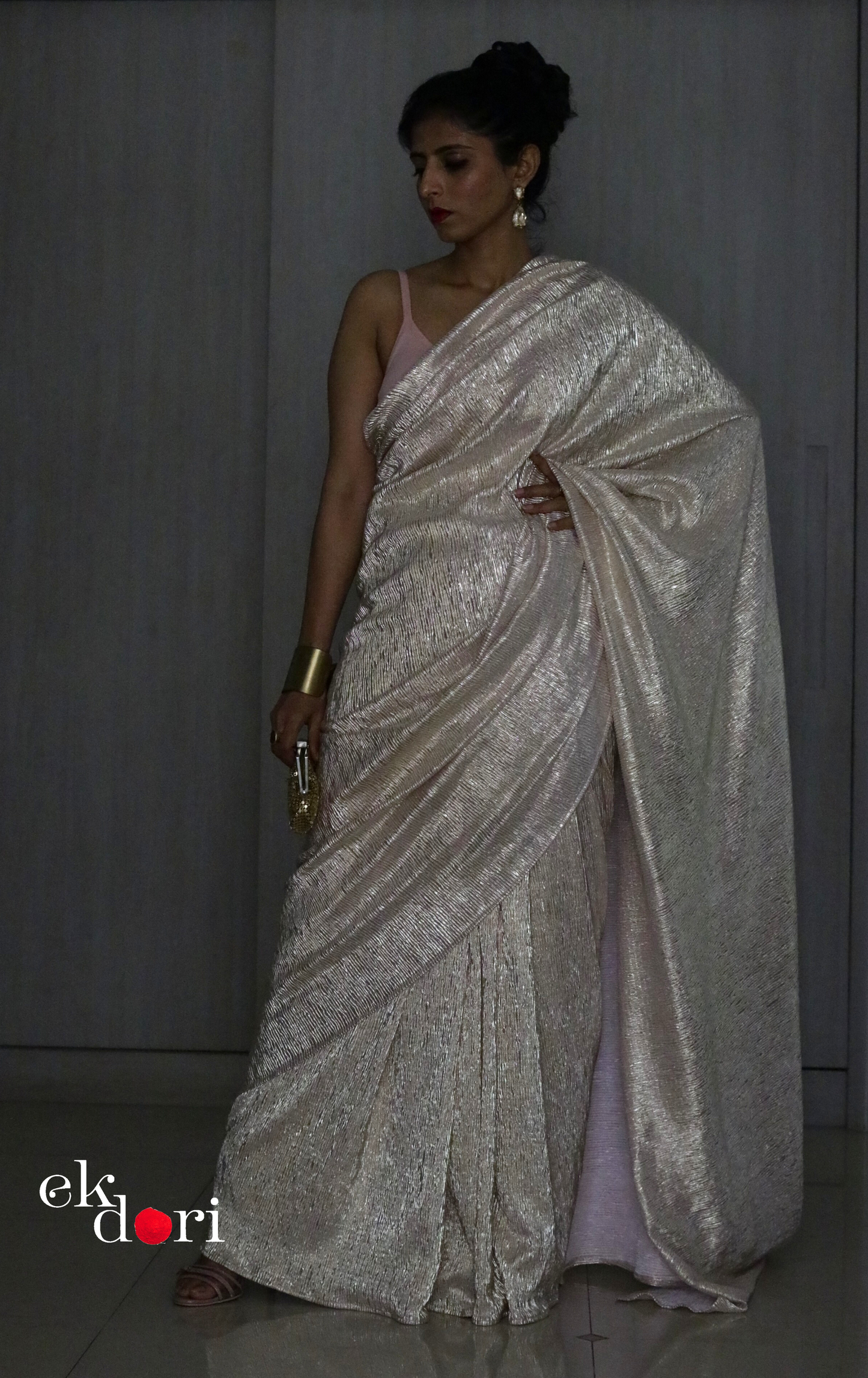 Golden Pink Evening Cocktail Saree 'Gold Garden' : Micro Pleated Designer Gold Saree : Metallic Gold Cocktail Saree