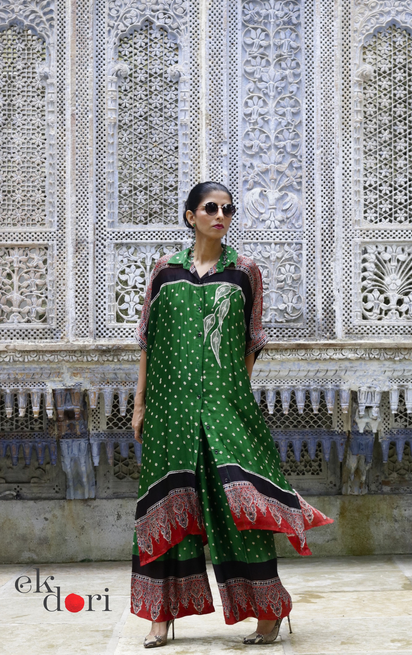 Bandhani Ajrakh Modal Kaftan Kurta Palazzo Co-ord Set in Green | 'Emerald Darbar' | Ek Dori
