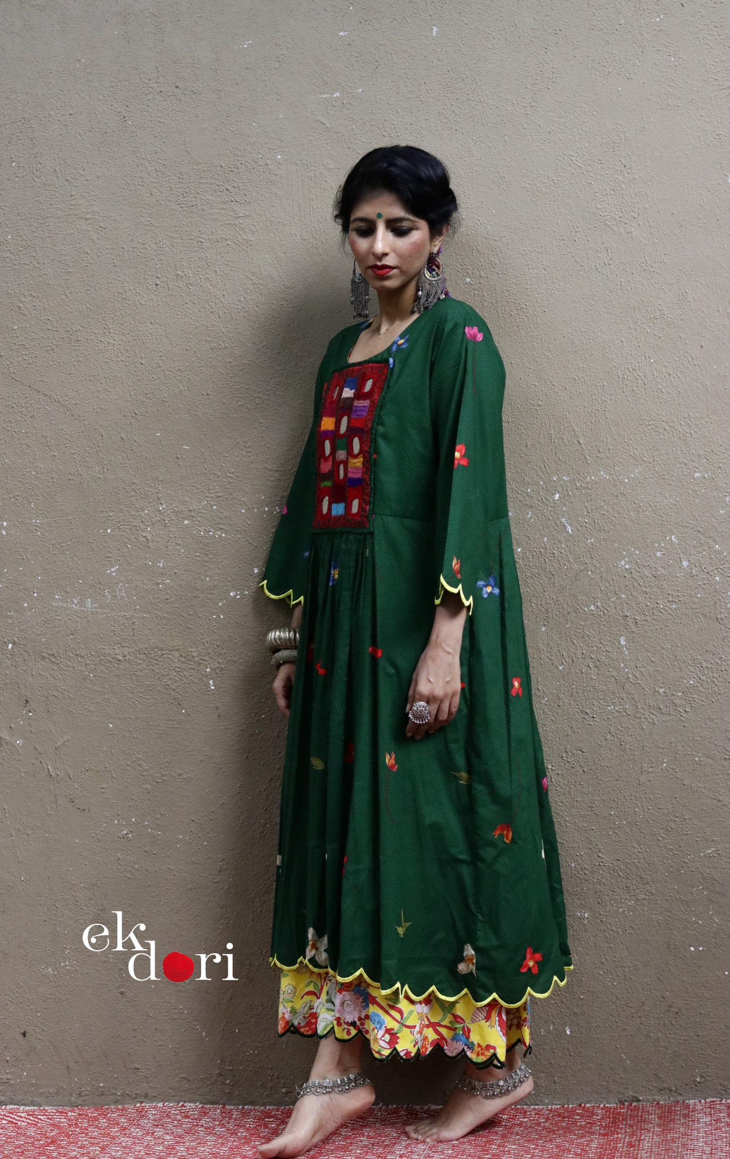 Cotton Dress With Mirror Hand Embroiderey & Scalloped Edges : 'Emerald & Sapphire' Cotton Summer Dress