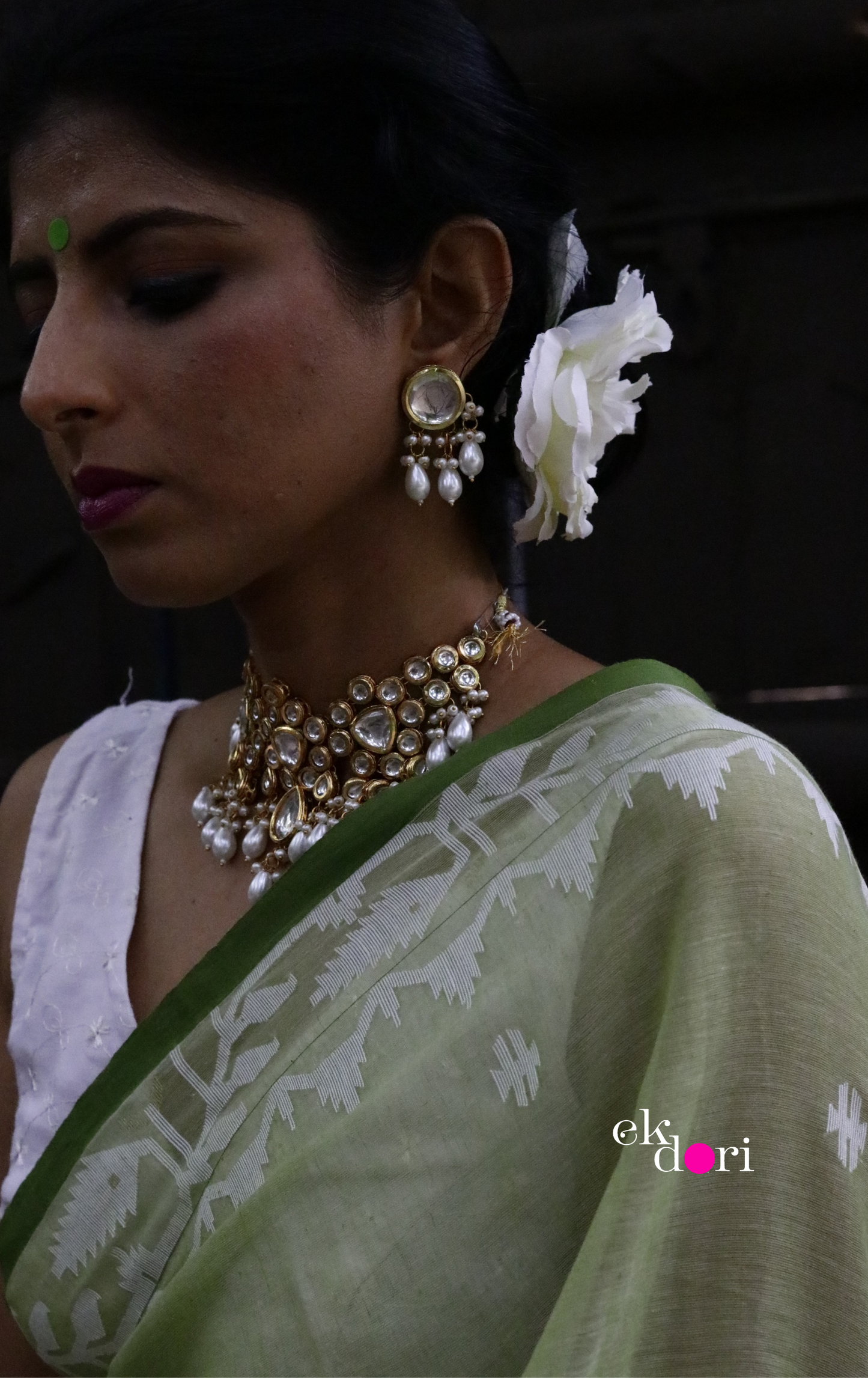 Buy Green Muslin Cotton Jamdani Saree : Green Pista & Pearls Needle Jamdani Handmade Saree