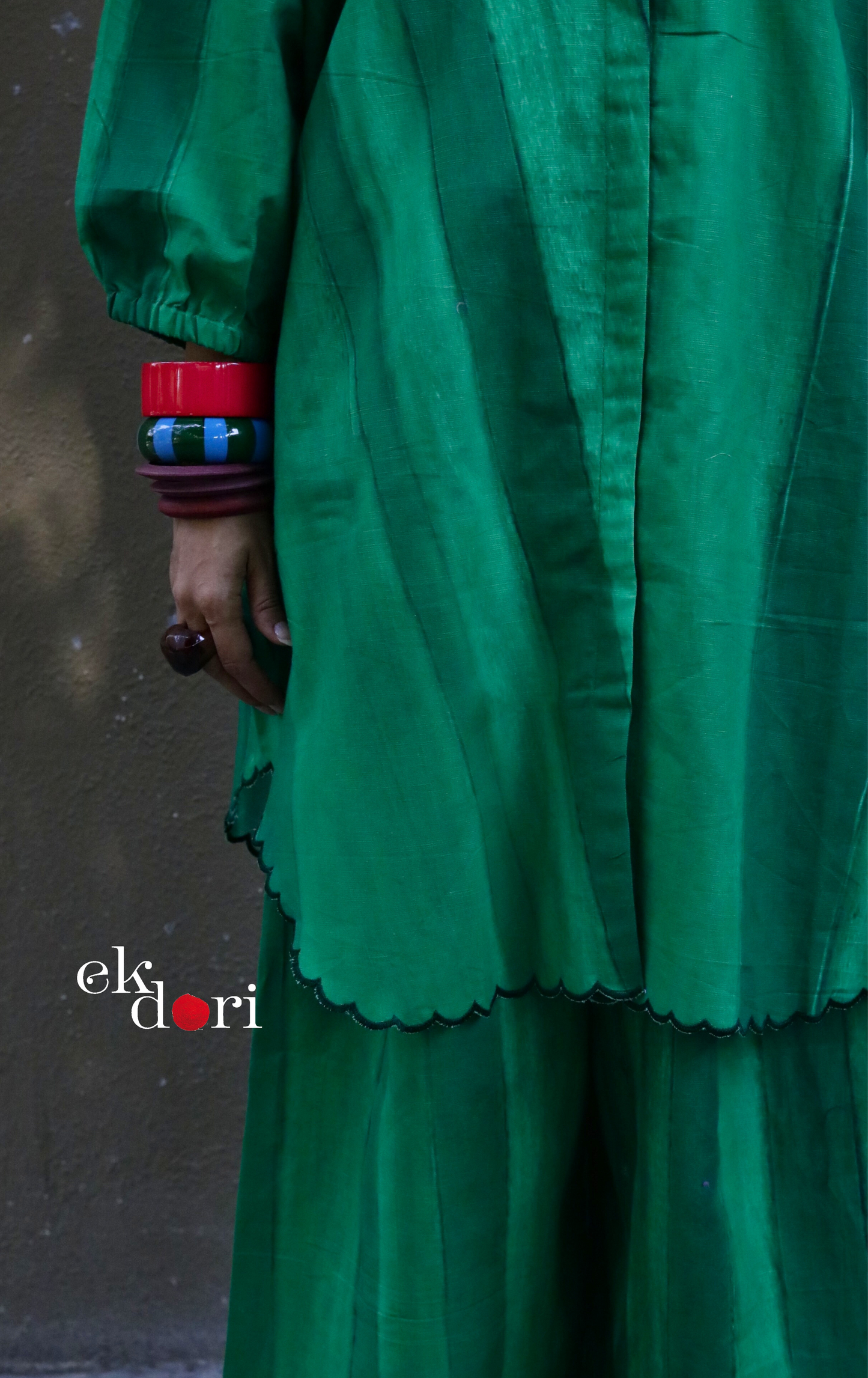 'Greener Grass' Scalloped Kurta Co-ord Set : Buy Cotton Linen Kurta Palazzo Fun Co-ord Set
