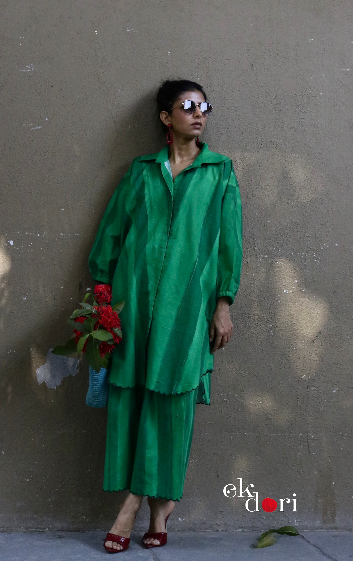 'Greener Grass' Scalloped Kurta Co-ord Set : Buy Cotton Linen Kurta Palazzo Fun Co-ord Set