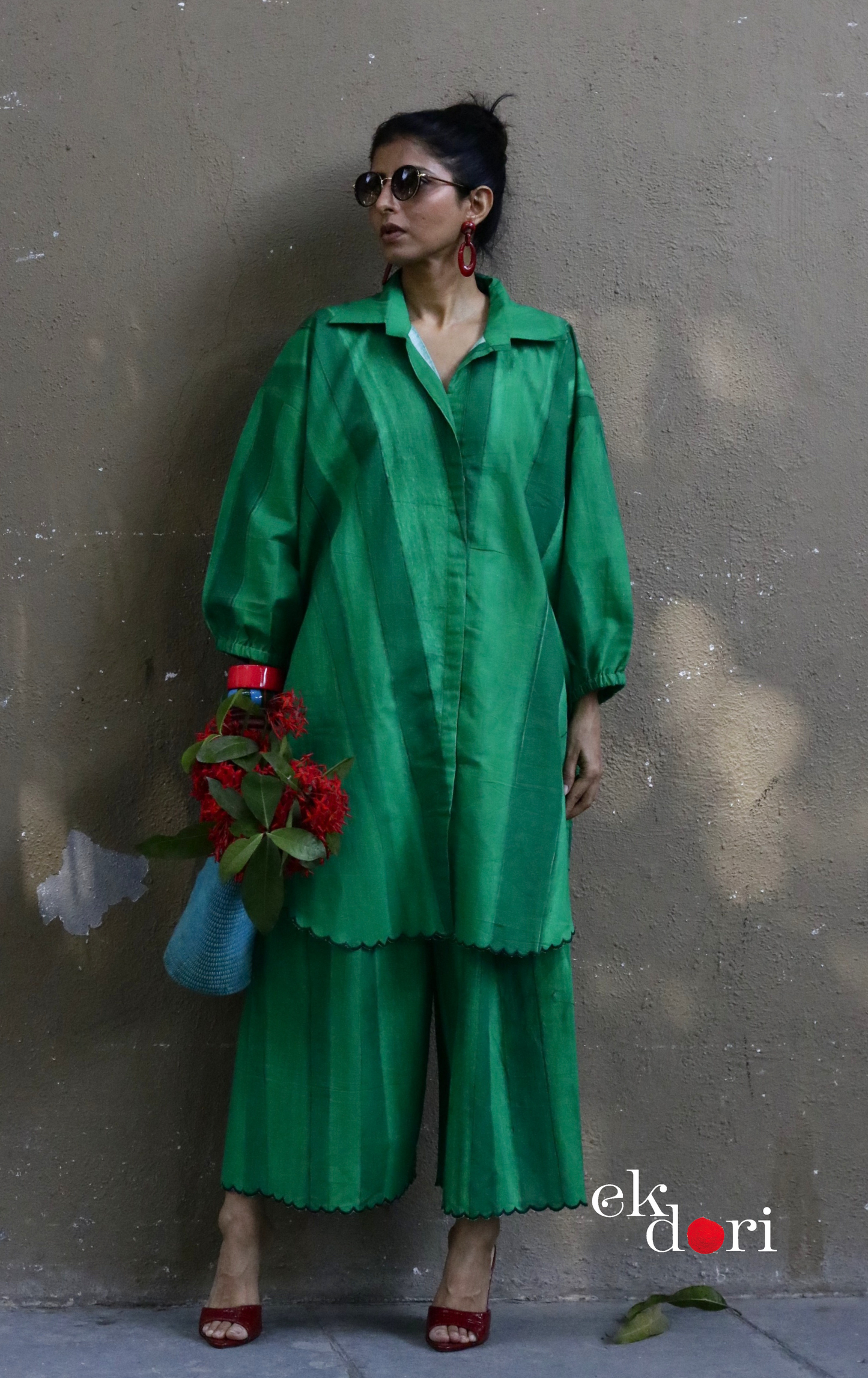 'Greener Grass' Scalloped Kurta Co-ord Set : Buy Cotton Linen Kurta Palazzo Fun Co-ord Set