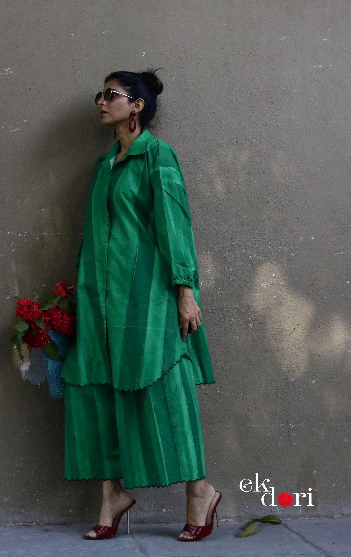 'Greener Grass' Scalloped Kurta Co-ord Set : Buy Cotton Linen Kurta Palazzo Fun Co-ord Set