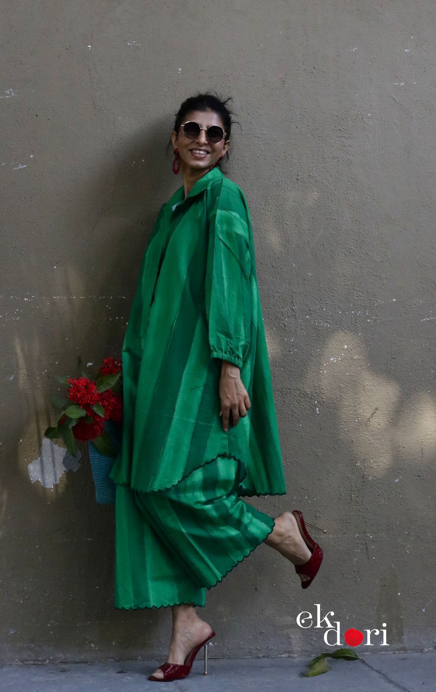 'Greener Grass' Scalloped Kurta Co-ord Set : Buy Cotton Linen Kurta Palazzo Fun Co-ord Set