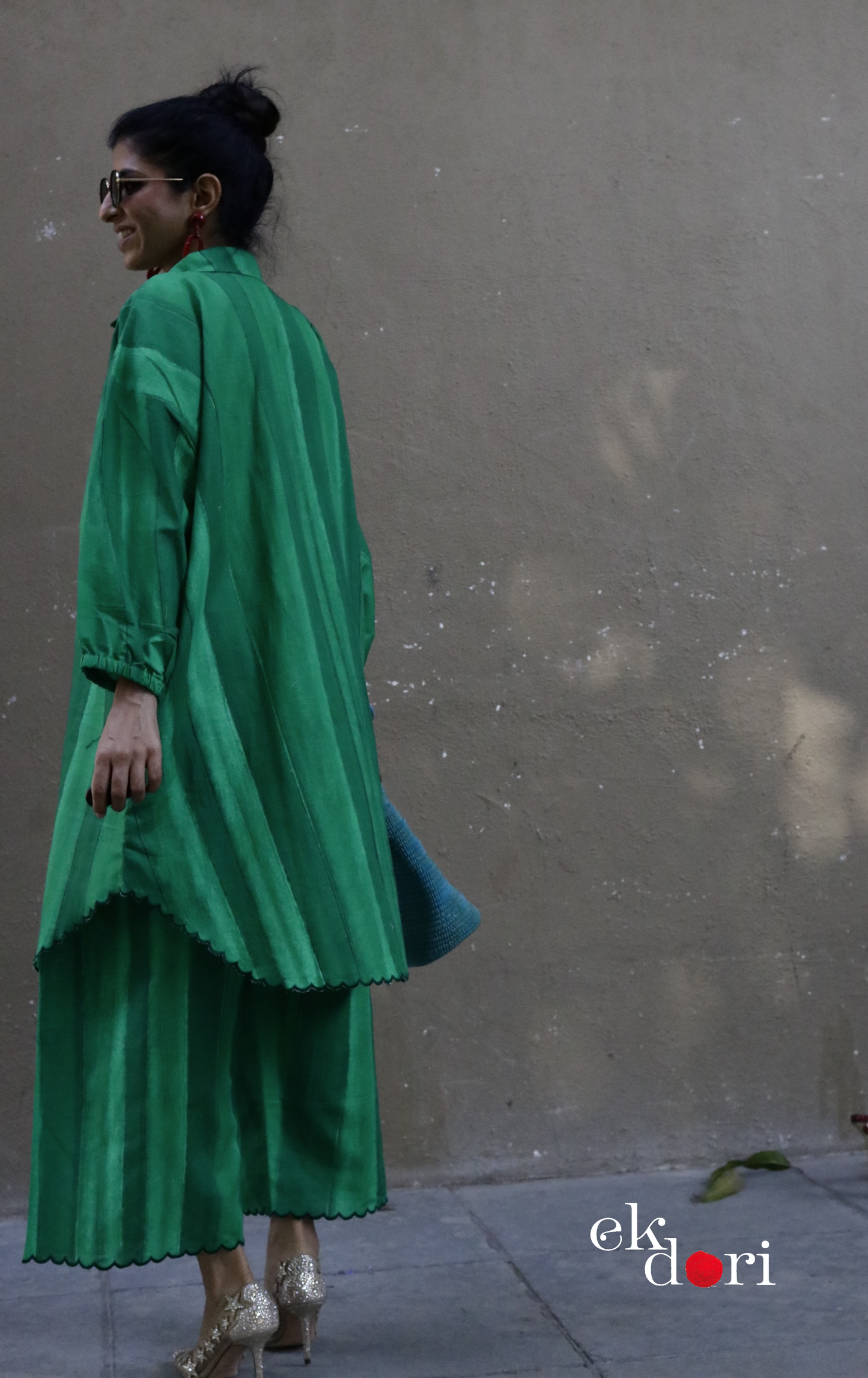 'Greener Grass' Scalloped Kurta Co-ord Set : Buy Cotton Linen Kurta Palazzo Fun Co-ord Set