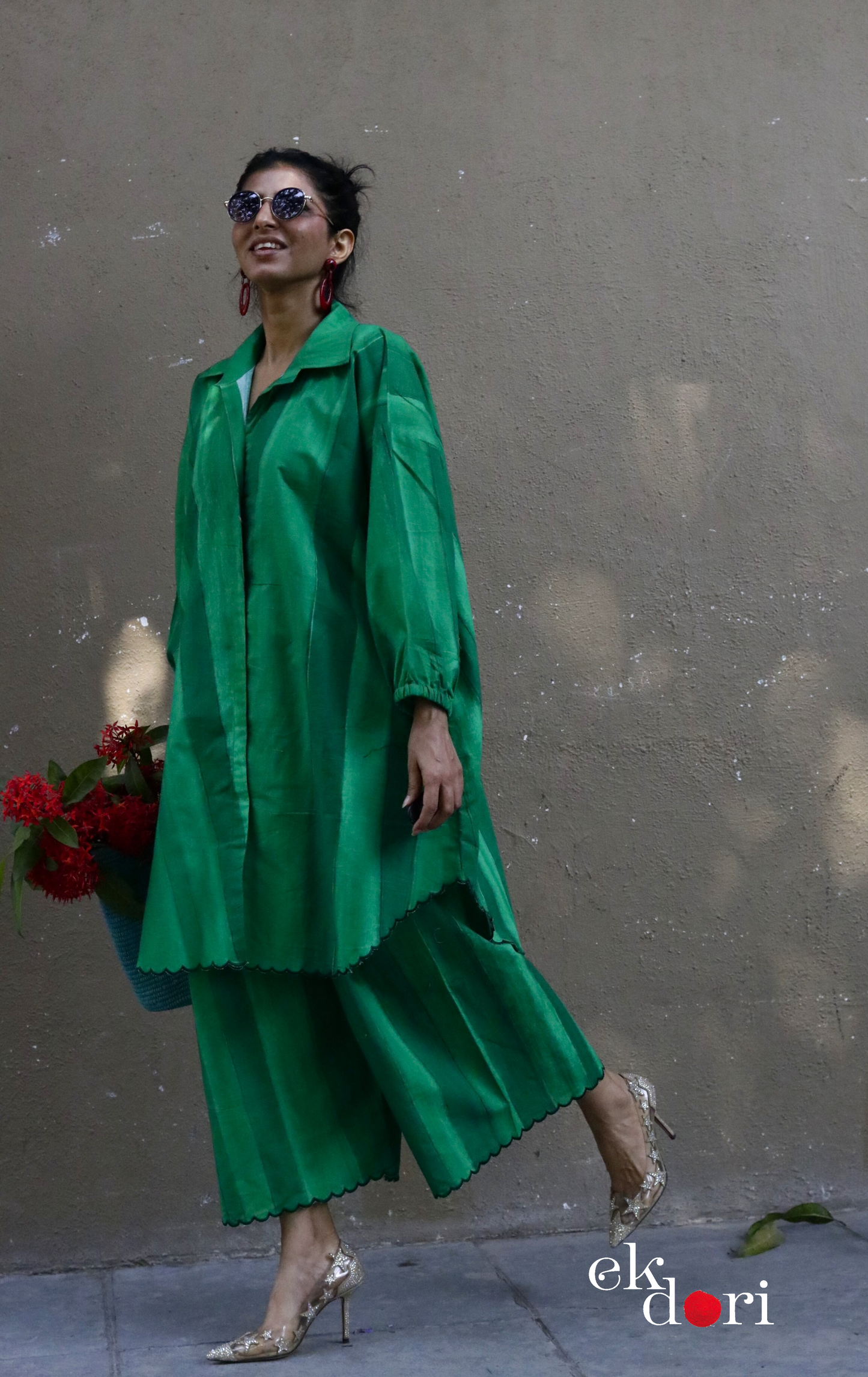 'Greener Grass' Scalloped Kurta Co-ord Set : Buy Cotton Linen Kurta Palazzo Fun Co-ord Set