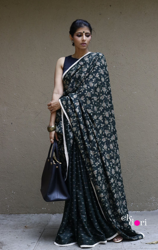Buy Floral Soft Cotton Saree Online : 'Monsoon Greens' Soft Cotton Saree With Crochet Lace Edges.