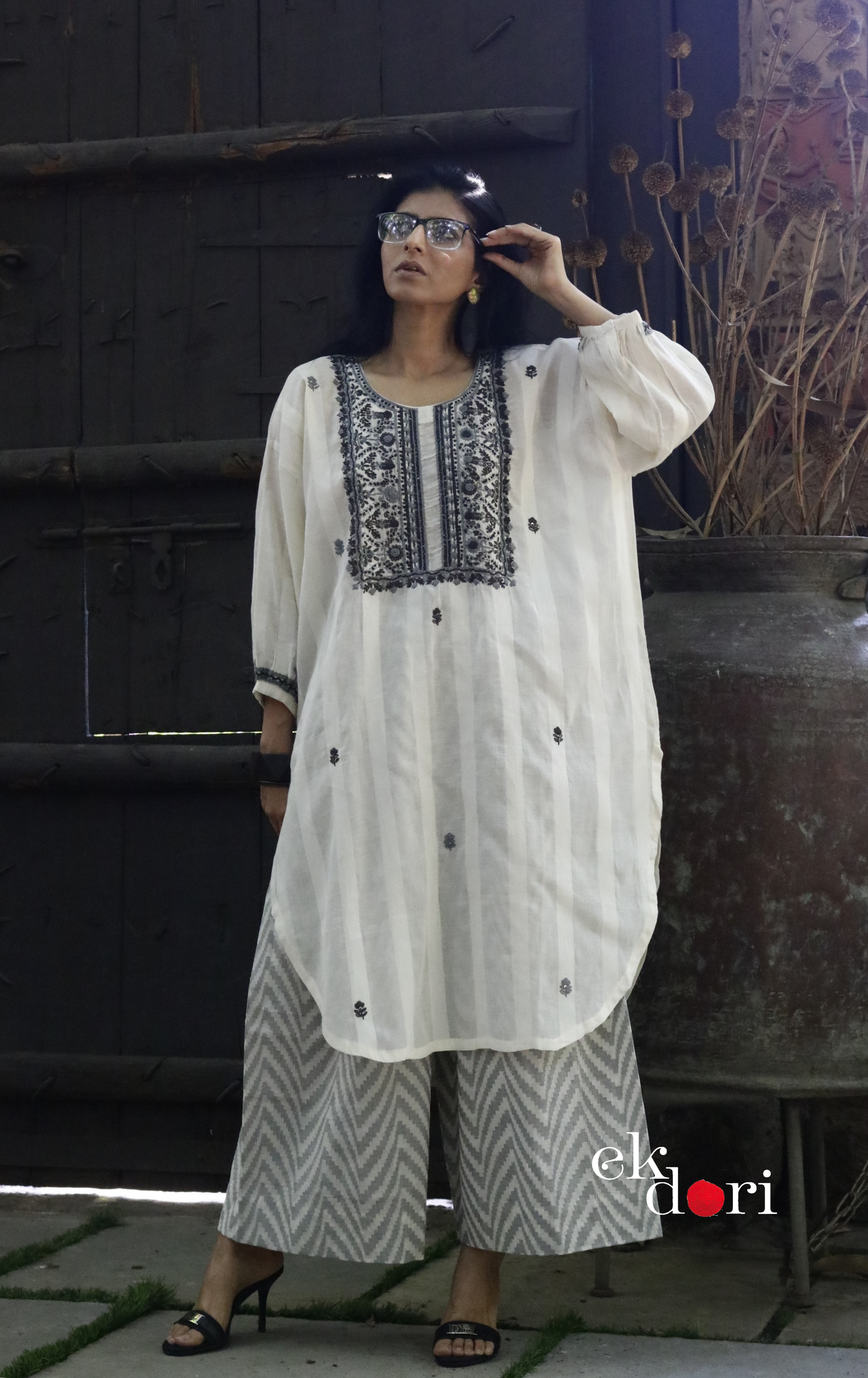 Cotton Embroidered Kurta Co-ord Set 'Grey Cloud' : Buy Bullion Embroidery Cotton Co-ord Kurts Sets For Summer