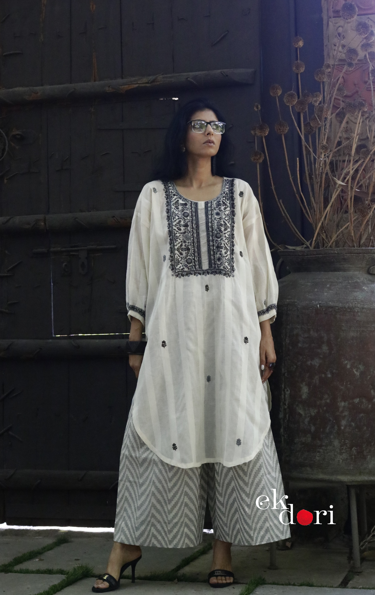 Cotton Embroidered Kurta Co-ord Set 'Grey Cloud' : Buy Bullion Embroidery Cotton Co-ord Kurts Sets For Summer