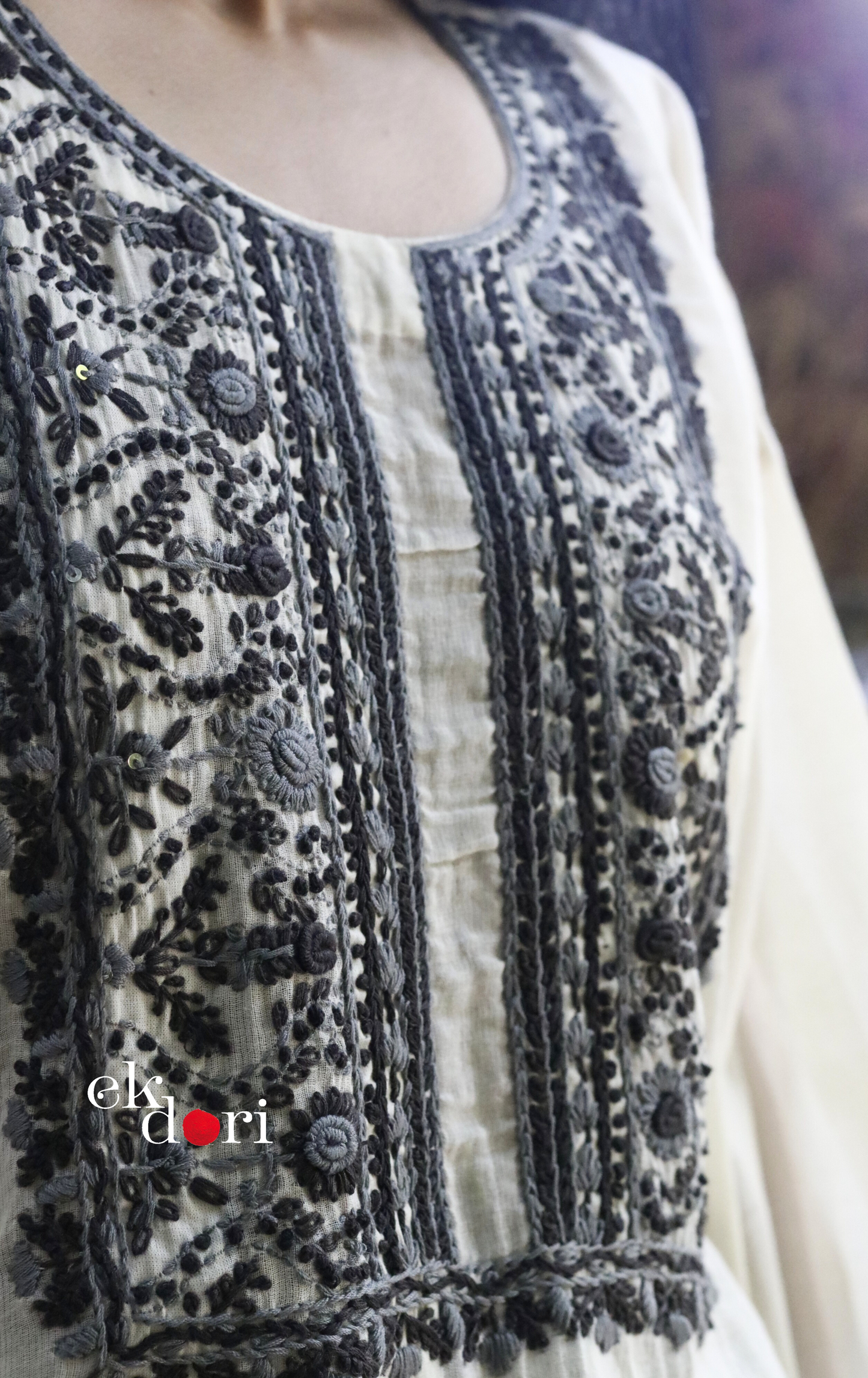 Cotton Embroidered Kurta Co-ord Set 'Grey Cloud' : Buy Bullion Embroidery Cotton Co-ord Kurts Sets For Summer