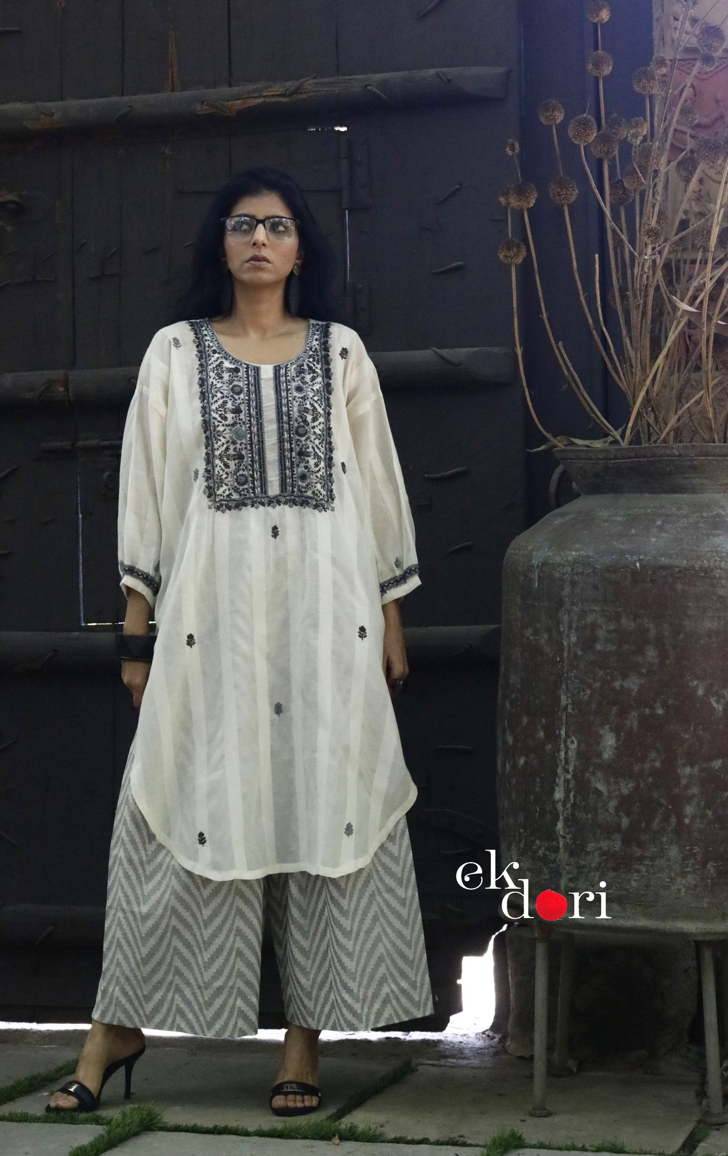 Cotton Embroidered Kurta Co-ord Set 'Grey Cloud' : Buy Bullion Embroidery Cotton Co-ord Kurts Sets For Summer