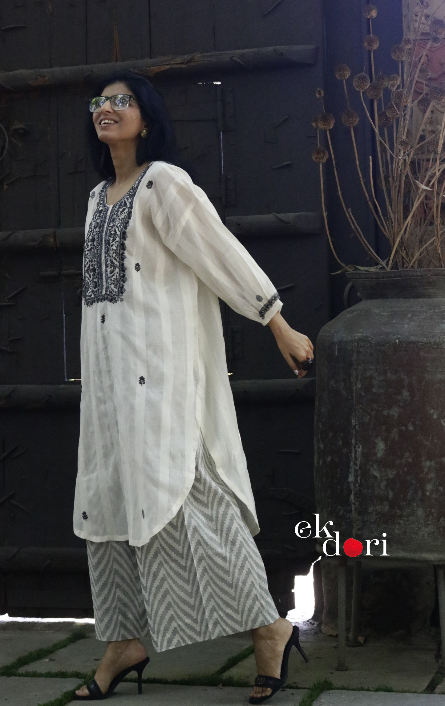 Cotton Embroidered Kurta Co-ord Set 'Grey Cloud' : Buy Bullion Embroidery Cotton Co-ord Kurts Sets For Summer