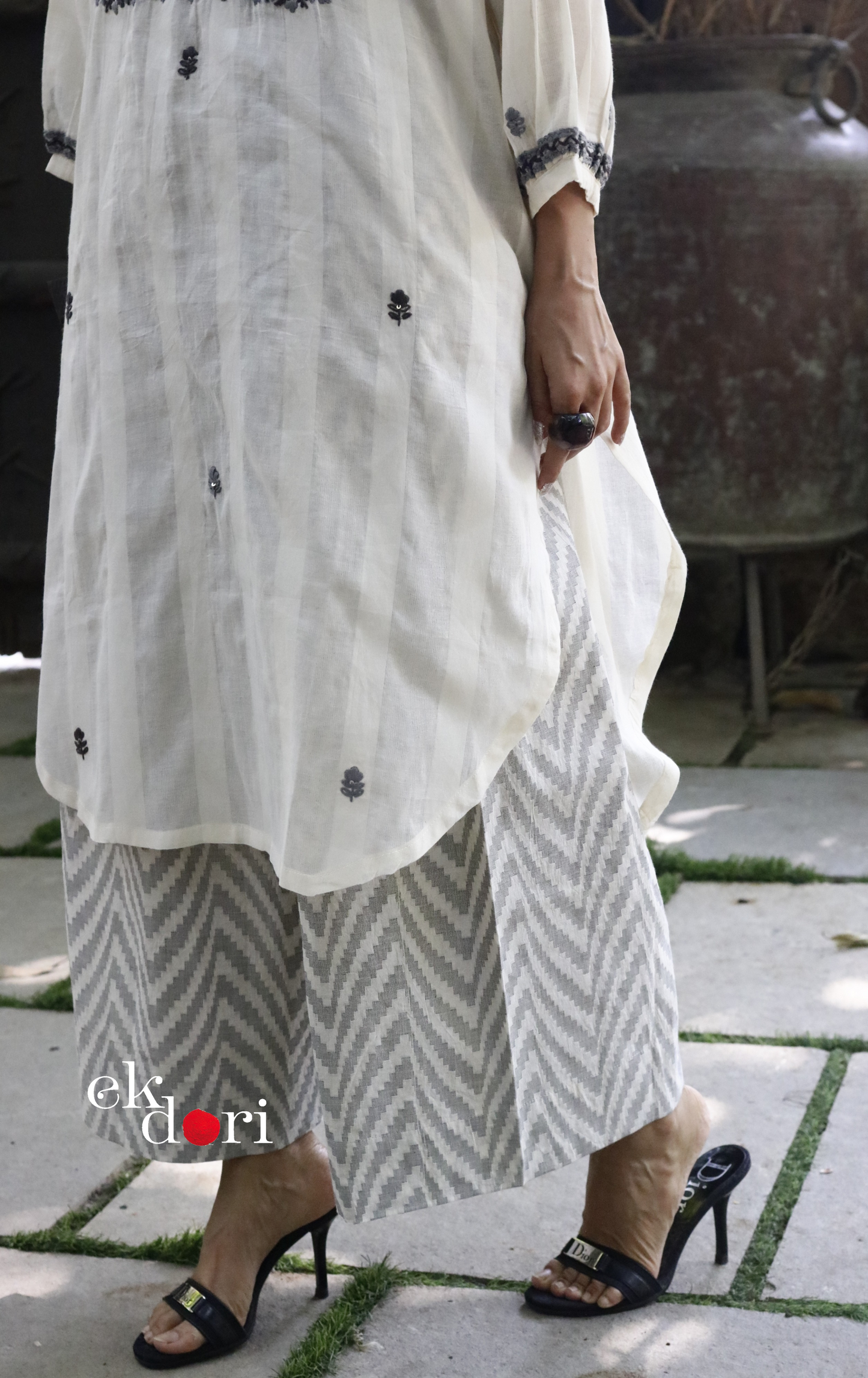 Cotton Embroidered Kurta Co-ord Set 'Grey Cloud' : Buy Bullion Embroidery Cotton Co-ord Kurts Sets For Summer