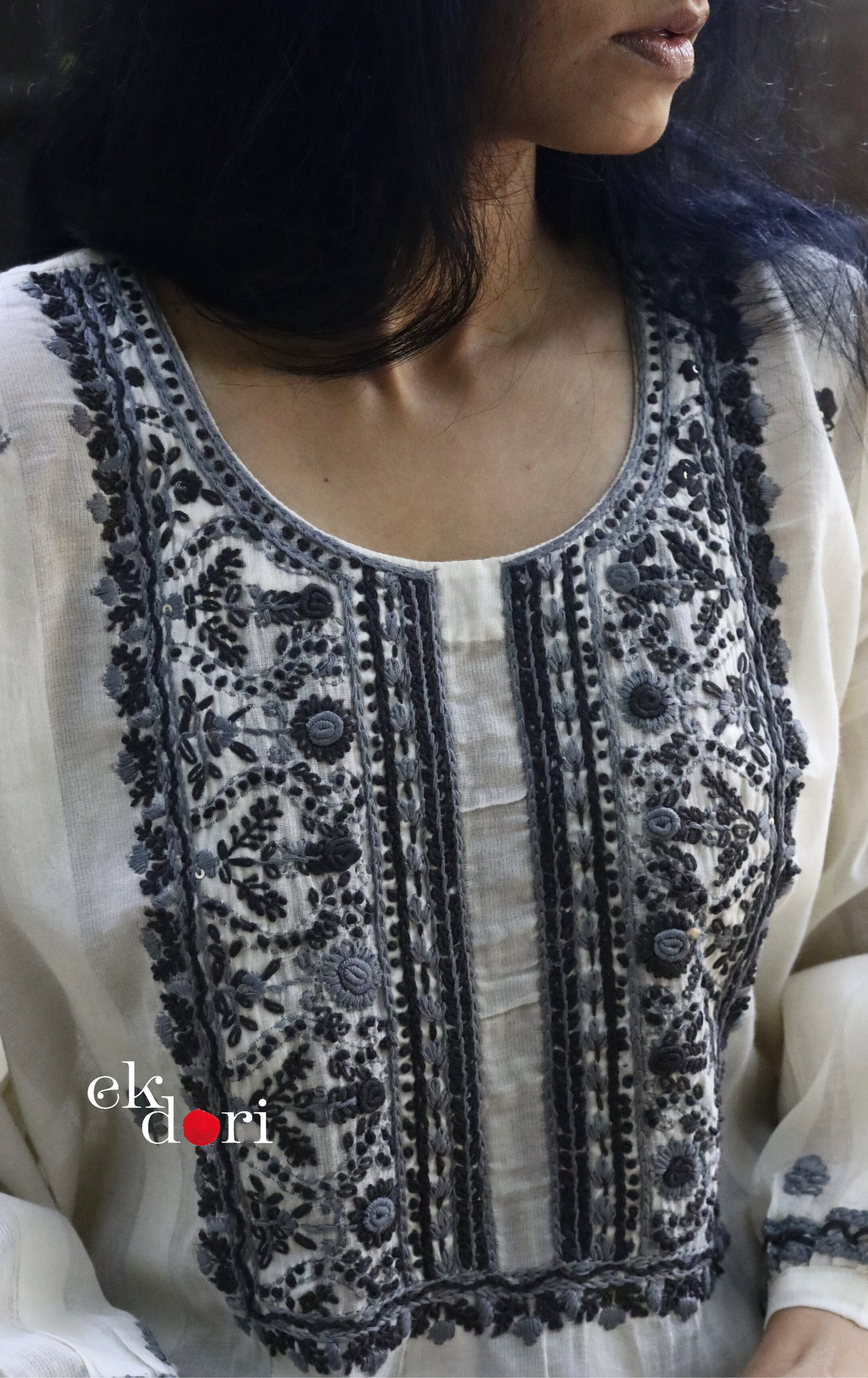 Cotton Embroidered Kurta Co-ord Set 'Grey Cloud' : Buy Bullion Embroidery Cotton Co-ord Kurts Sets For Summer