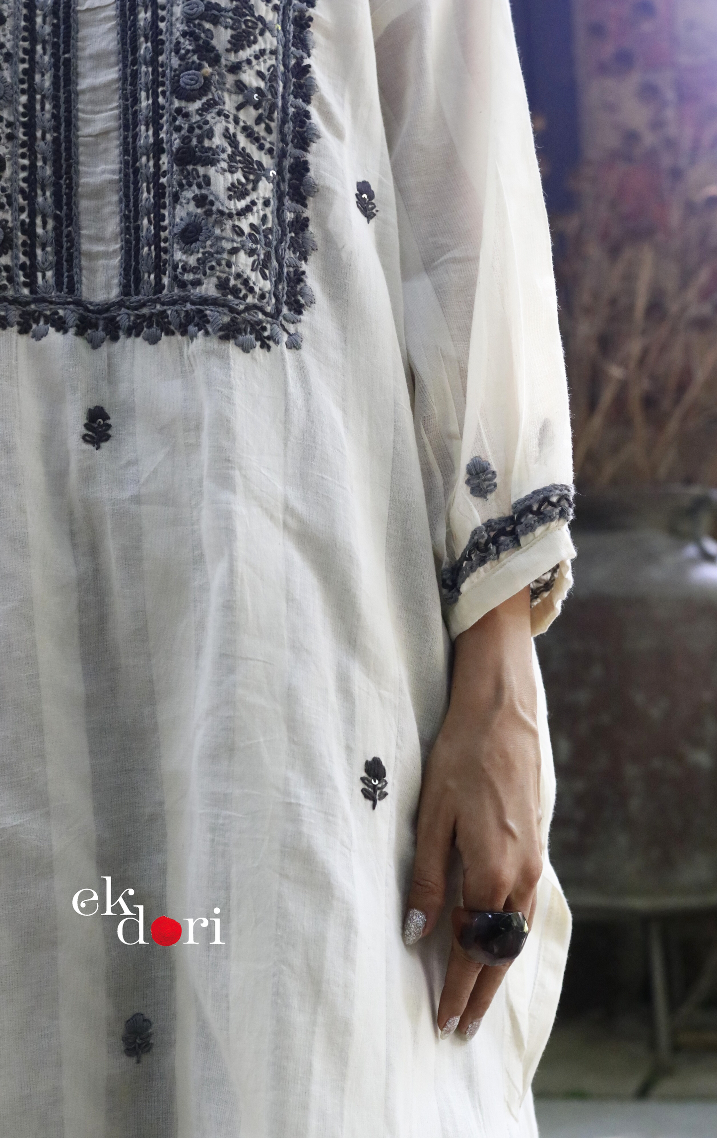 Cotton Embroidered Kurta Co-ord Set 'Grey Cloud' : Buy Bullion Embroidery Cotton Co-ord Kurts Sets For Summer